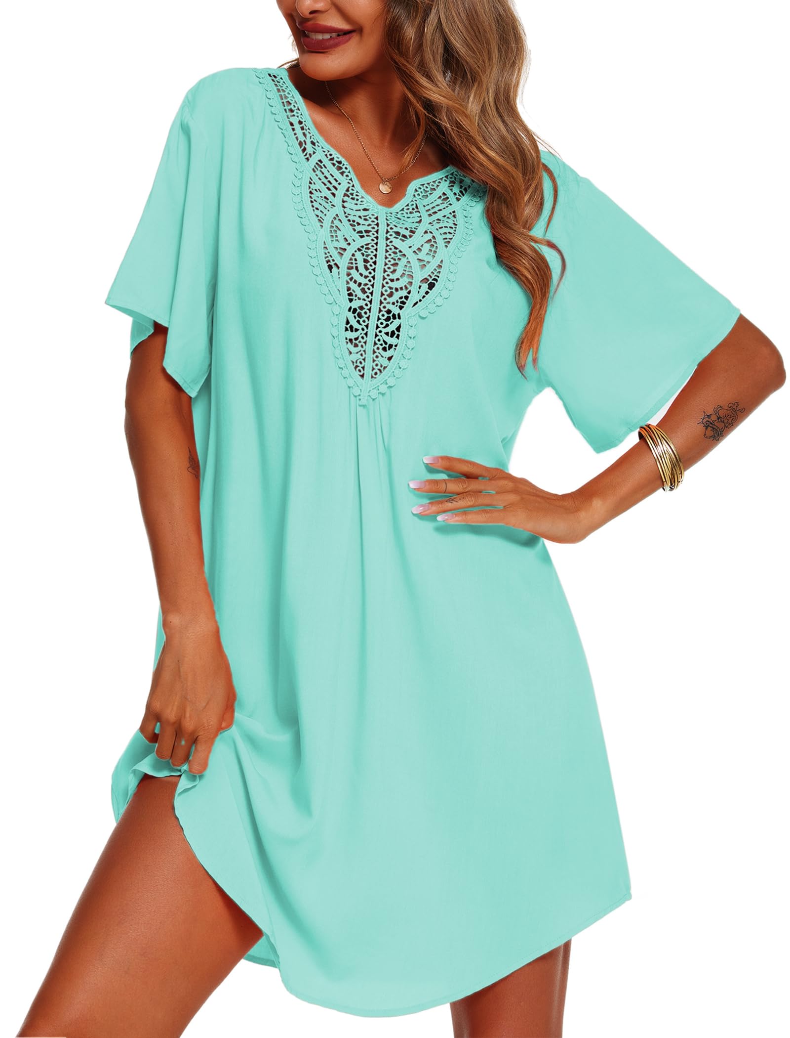 Vestito da spiaggia da donna, scollo a V, maniche corte, tunica estiva, poncho da spiaggia in pizzo, bikini cover up