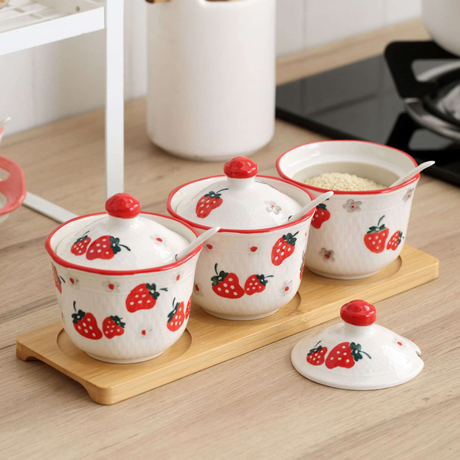 XYNSNDB Zuckerdose, Gewürzbehälter, handgezeichnete Muster-Zuckerdose mit Deckel, Keramik-Teetasse-Form, Zuckerdose, Kaffeezubehör, Zuckerausgießer, Küchenaufbewahrung, Bauhinia, 3er-Set, rote STR