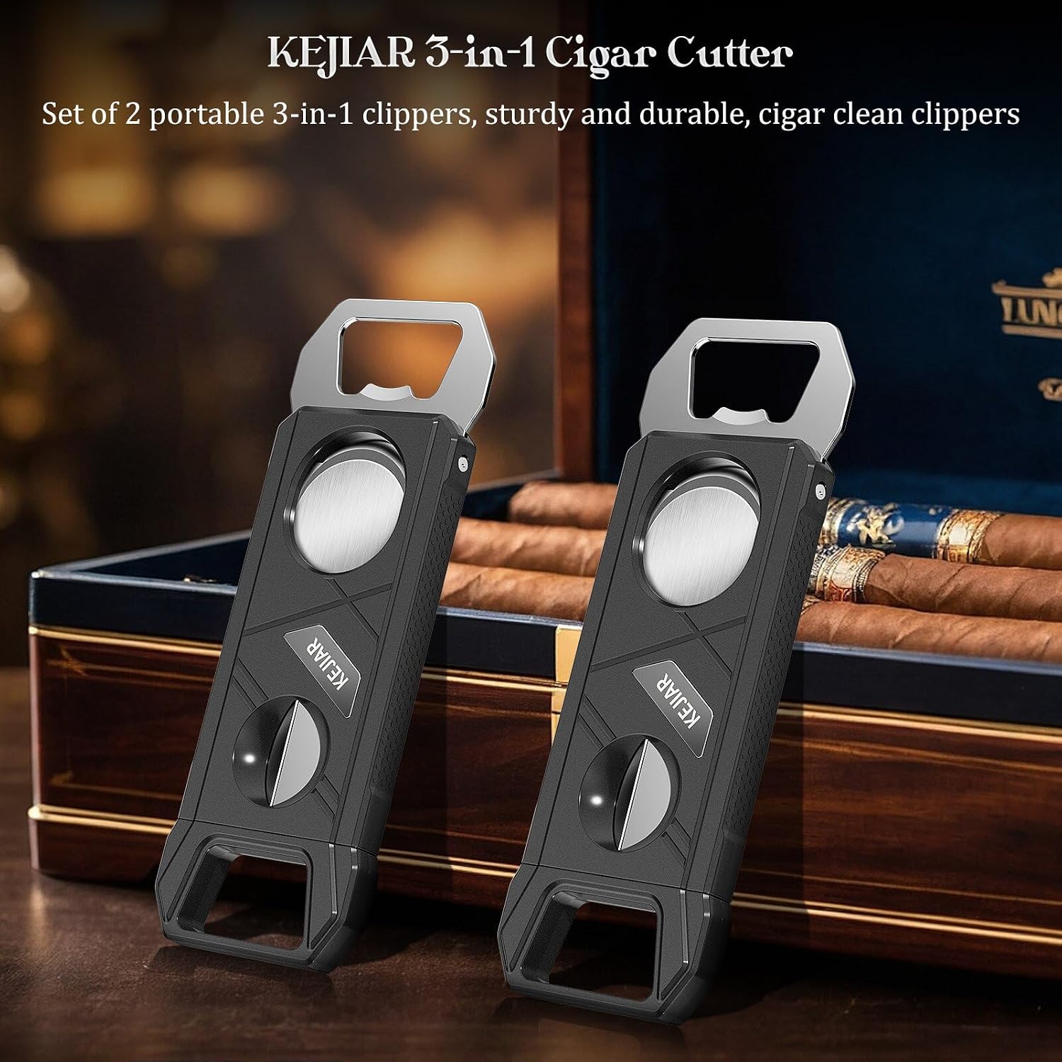 KEJIAR Cigar Cutter, 3-in-1 Cigar Cutter with Stainless Steel Blade V-Cutter, Guillotine and Bottle Opener for Parties Portable Boys Cigar Accessory - 2 Piece Set (Black)
