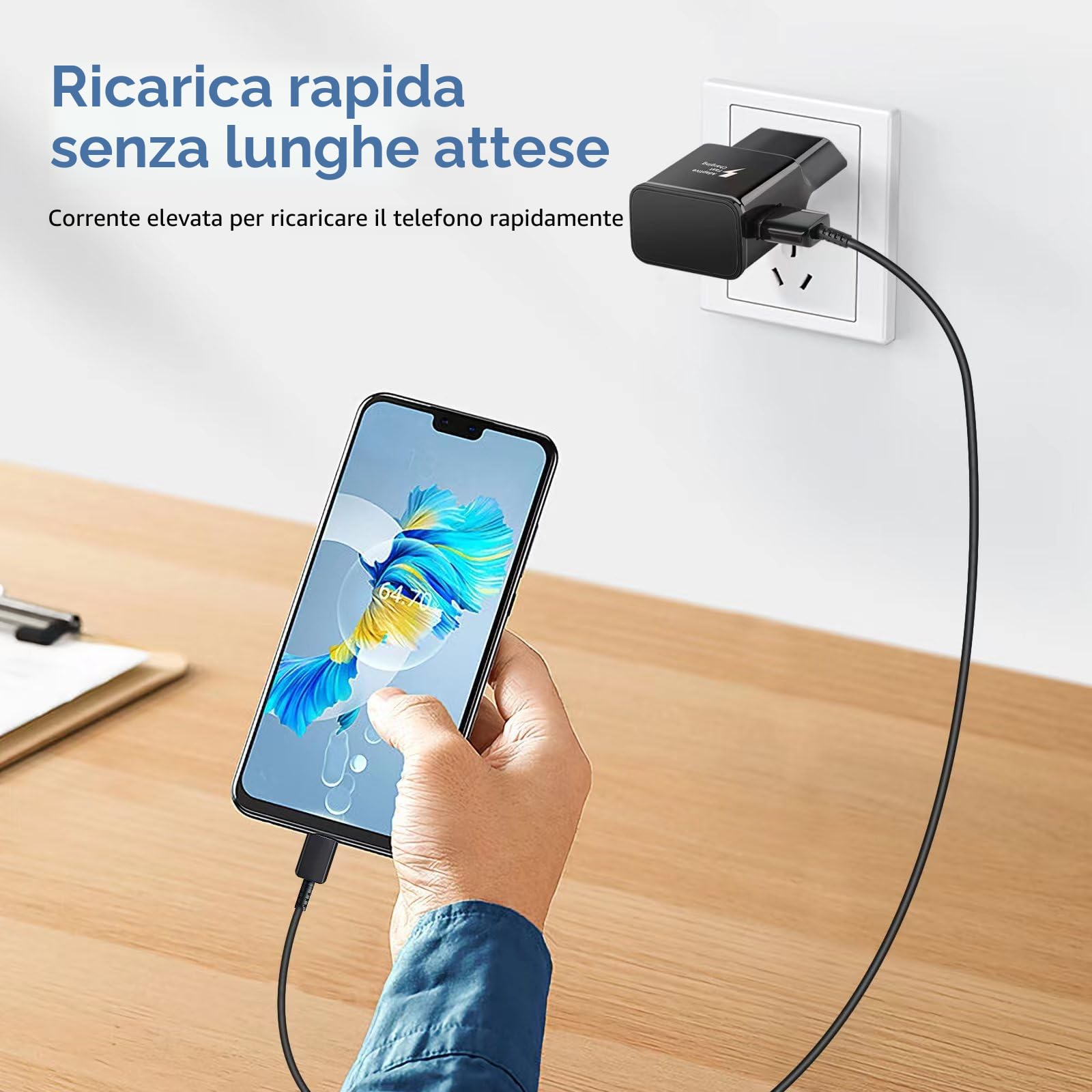 Caricatore USB Ricarica Rapida per Samsung Galaxy A16 A15 A14 A13 A20e A25 A34 A36 A51 A54 A55 A56 S8 S9 S10 S20 S21 FE Plus Z Flip3, Caricatore Cellulare, Caricabatteria con 1,5m Cavo USB Tipo C