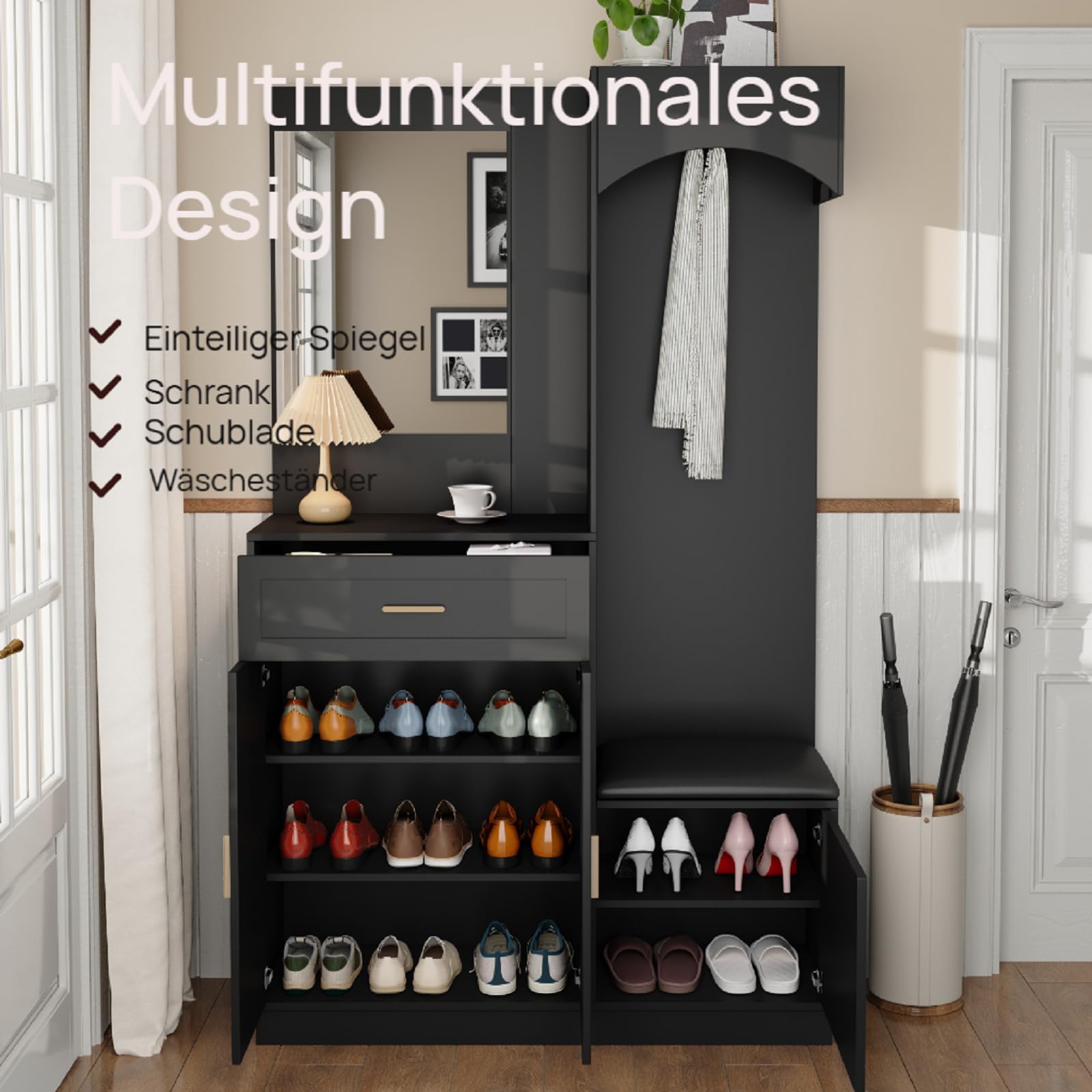 Armadio compatto con specchio, armadio compatto con cassetti e 3 ante, guardaroba per corridoio con scarpiera, armadio con ripiani regolabili, per corridoio e ingresso, 110 x 33 x 185,5 cm