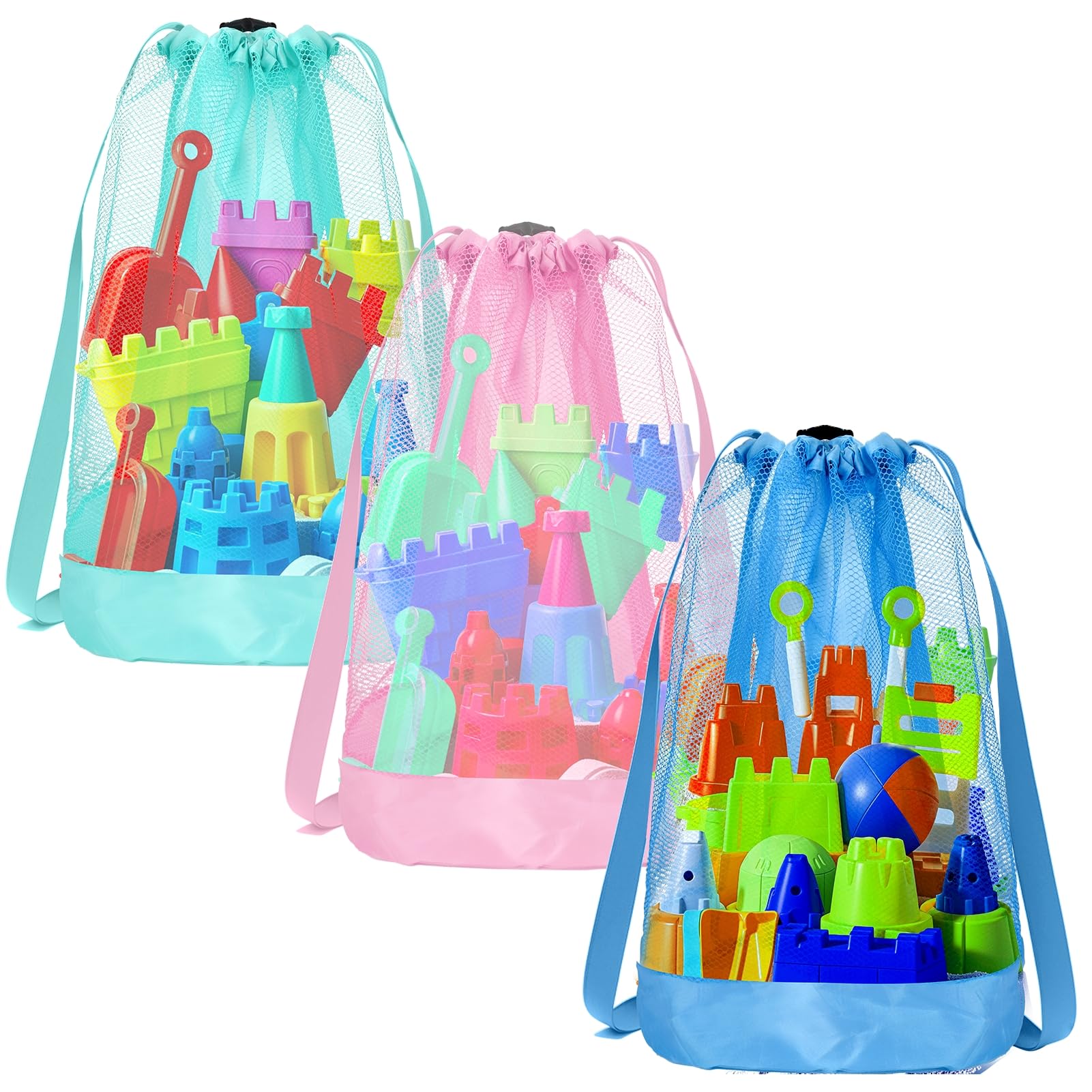 Vodolo Beach Toy Bag,3pcs Mesh Travel Sand Toys Backpack for Sandbox Buckets,Beach Vacation Essentials for Kids,Shell Collecting Bag Shelling Tools,Beach Must Haves Sand Box Toys Seashell Bags