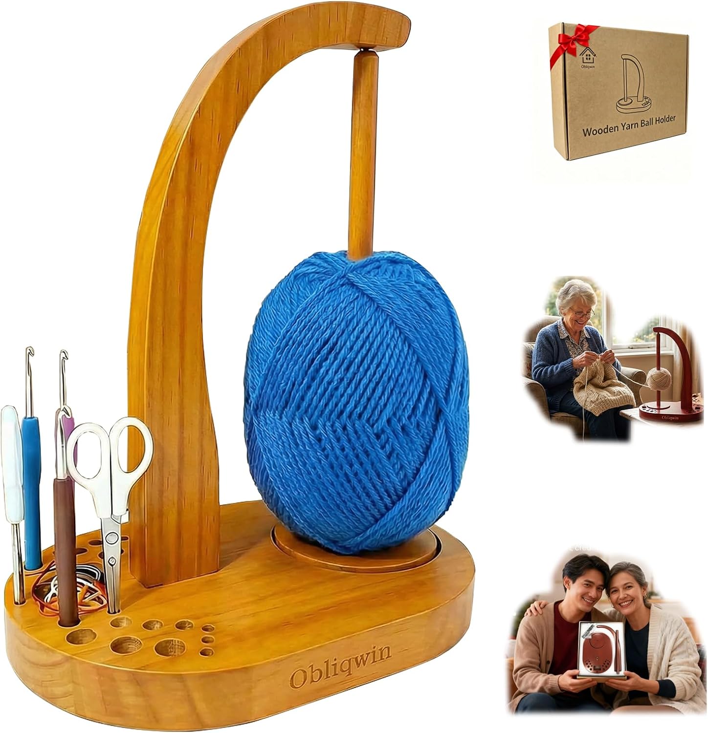 Yarn Holder for Crocheting - Original Design Dual Magnetic Mechanism Wooden Yarn Spinner with Crochet Accessories Storage Attachment to Knitting Accessories (Honey Oak)