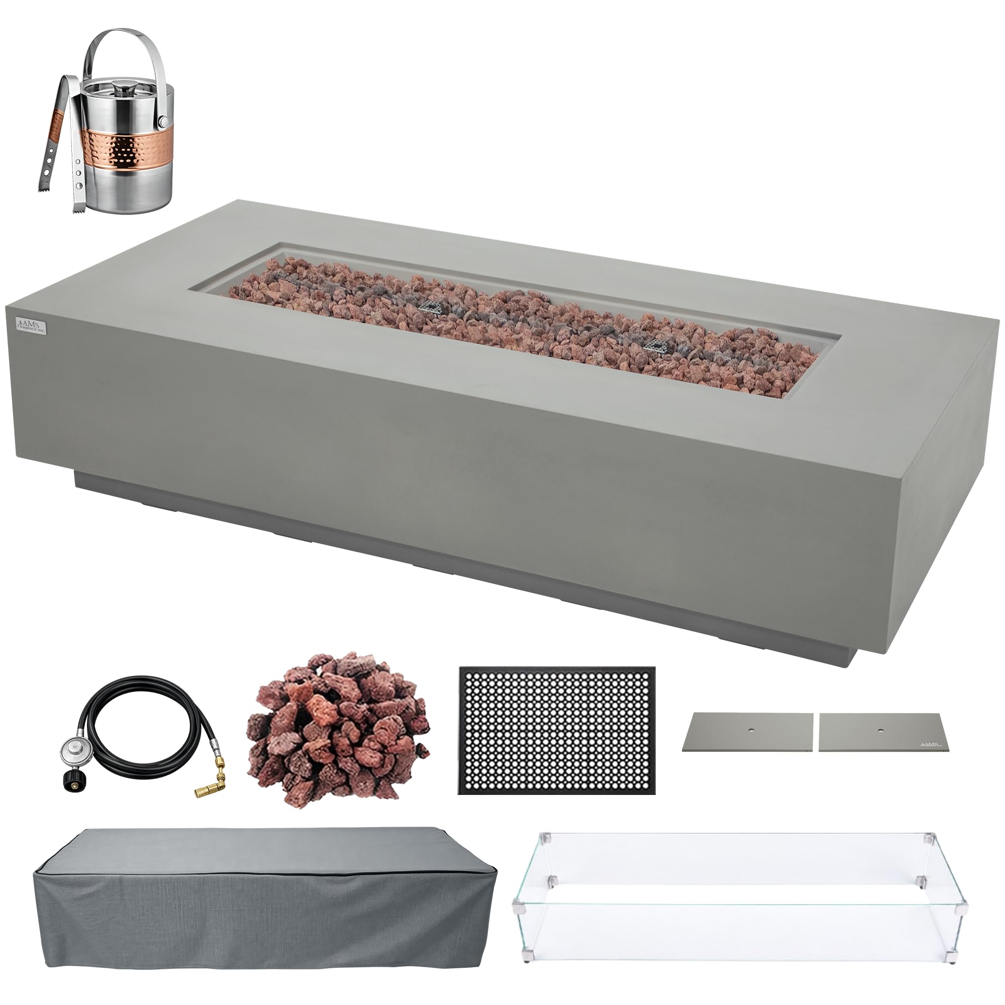 AMS 72" Rectangular Concrete Natural Gas Fire Pit Table Bundle, Light Gray