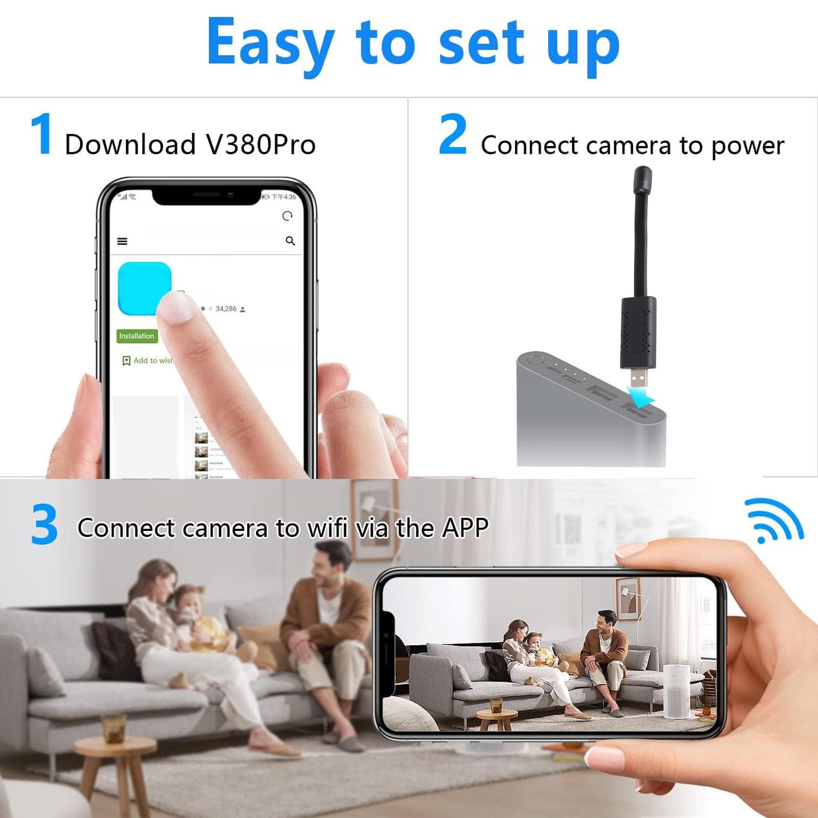 Tonysa Mini Telecamera Wireless WiFi con Presa USB, Telecamera con Obiettivo a Collo di Cigno Telecamera di Sicurezza 720P HD per Auto, Casa, Telecamere di Sicurezza Piccola Telecamera