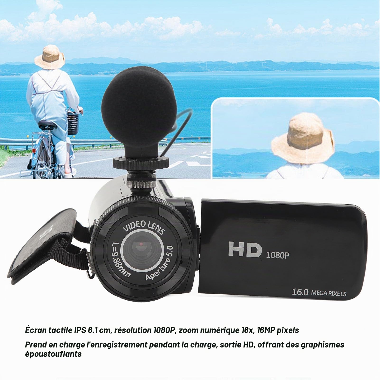 Caméra Vidéo Vlogging Camera Recorder, FHD 1080P 16.0MP 2,4 Pouces Écran de Rotation à 270 Degrés, Caméscope à Zoom Numérique 16X avec Microphone