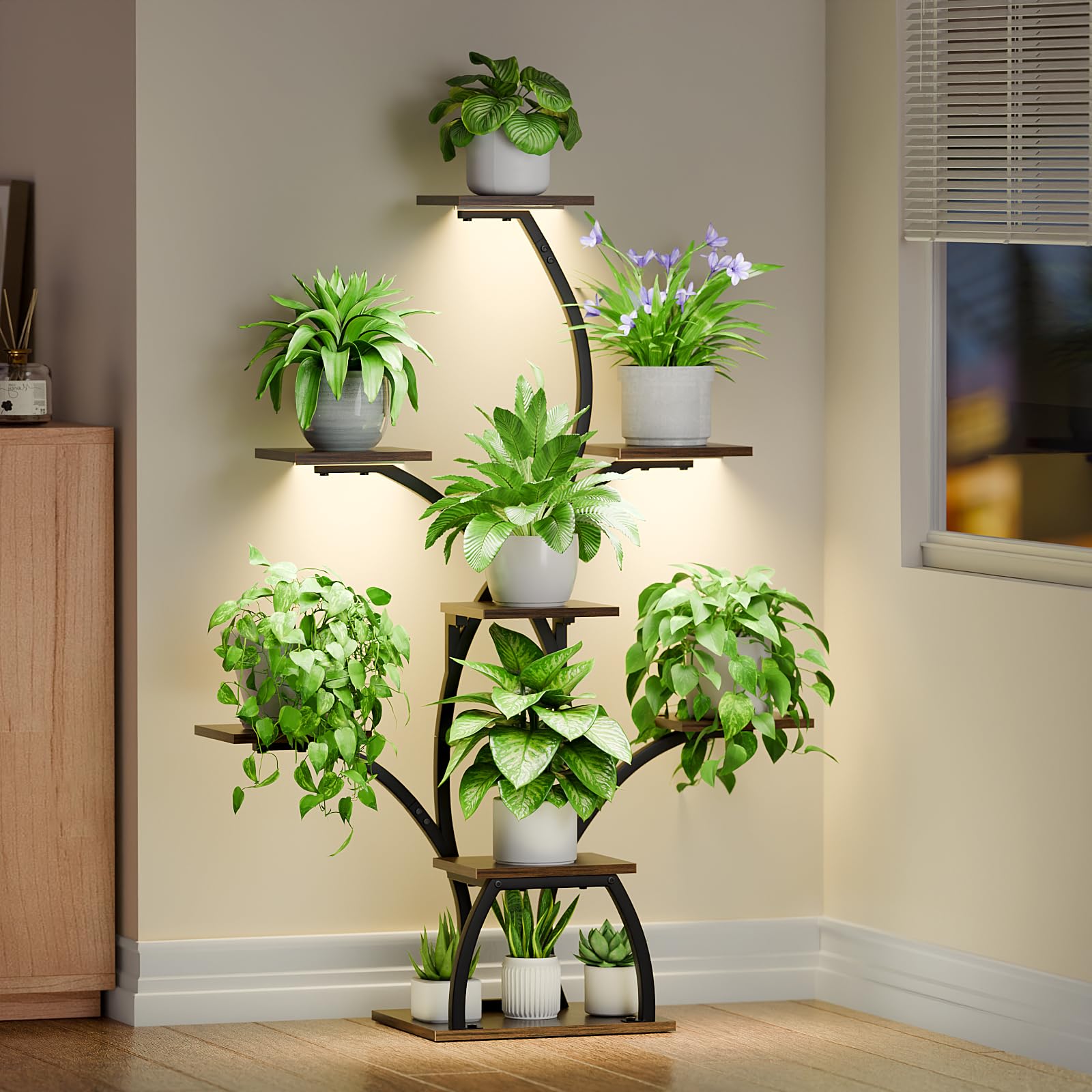 CODACE Plant Stand Indoor with Grow Lights, 6 Tiered Plant Shelf Indoor, 50" Corner Plant Stands for Indoor Plants, Lighted Tree-Shaped Plant Holder, Tall Flower Display Rack for Living Room
