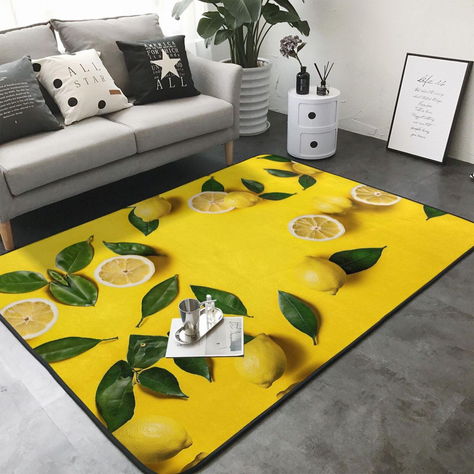 Yellow Lemon Print Living Room Anti Slip and Absorbent Carpet, Indoor Bedroom Bed Floor Mat, Ultra Soft Washable Carpet 80x58 in