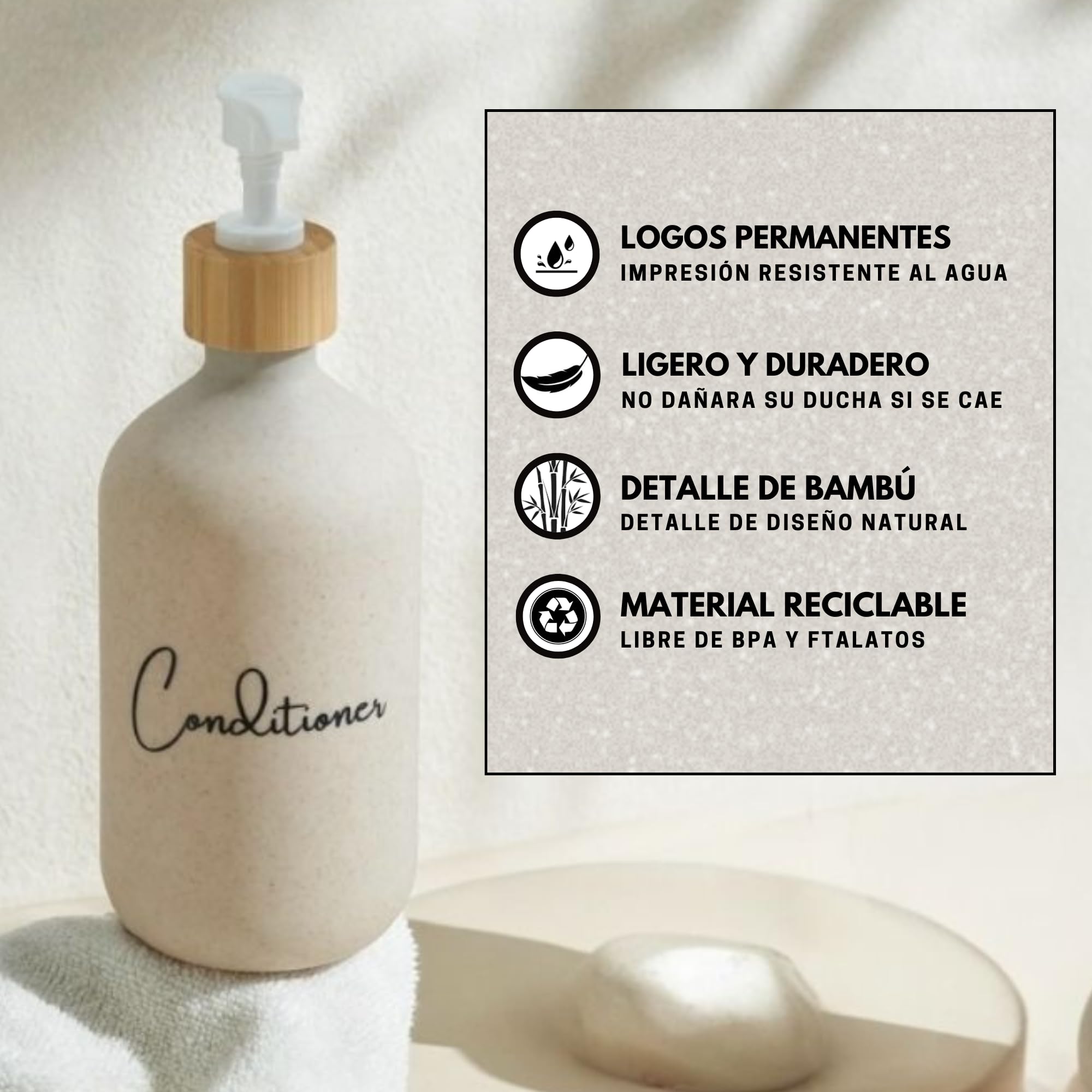 Dispensador jabon baño 500ml Beige con Detalle de bambú - Set de 3 Botes para Gel y champu acondicionador - Dosificador jabon baño Elegante y Funcional para Mantener la Ducha ordenada y Decorada