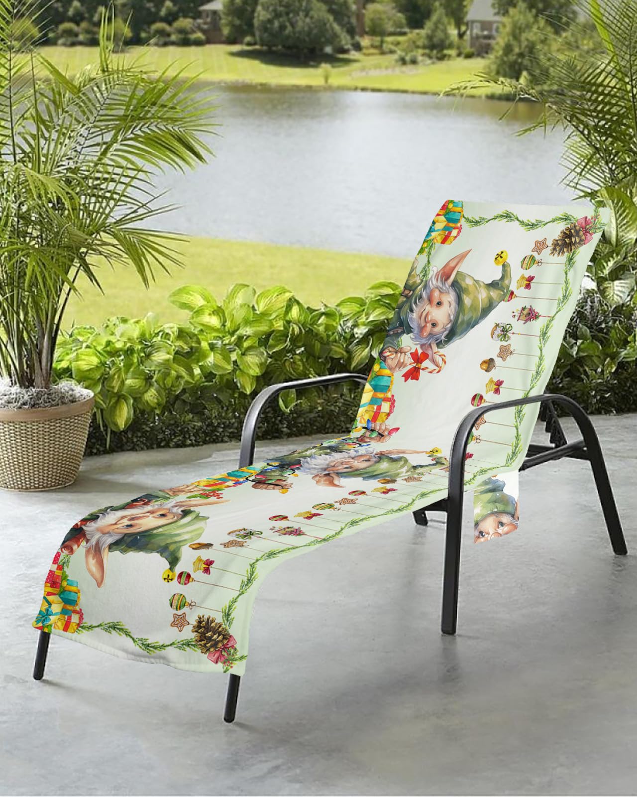 Christmas Gnomes Beach Chair Towel Covers for Chaise Lounge with Side Pocket, Soft Plush Pool Towels Cover for Patio Sunbathing Outdoor 29''x85'' Green Forest Pine Leaves Cone