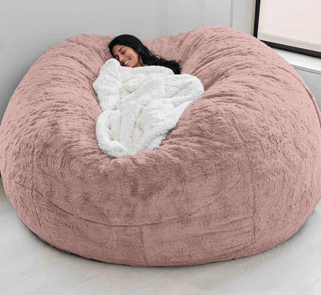 Giant Fur Bean Bag Chair Cover for Kids Adults, (No Filler) Living Room Furniture Big Round Soft Fluffy Faux Fur Beanbag Lazy Sofa Bed Cover (Grey, 7FT)