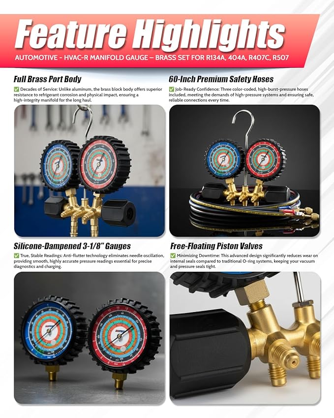 Manifold de Latón Tipo Pistón HCPRO HC2V5C5BK con Manómetros 80MM y Juego de Mangueras 5FT miniatura 4