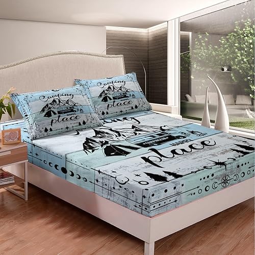 Vista 72 de Camper Decor Sábanas de cama Happy Camping, sábana bajera ajustable de campamento con juego de cama de montaña, juego de cama de verano para Multi 04