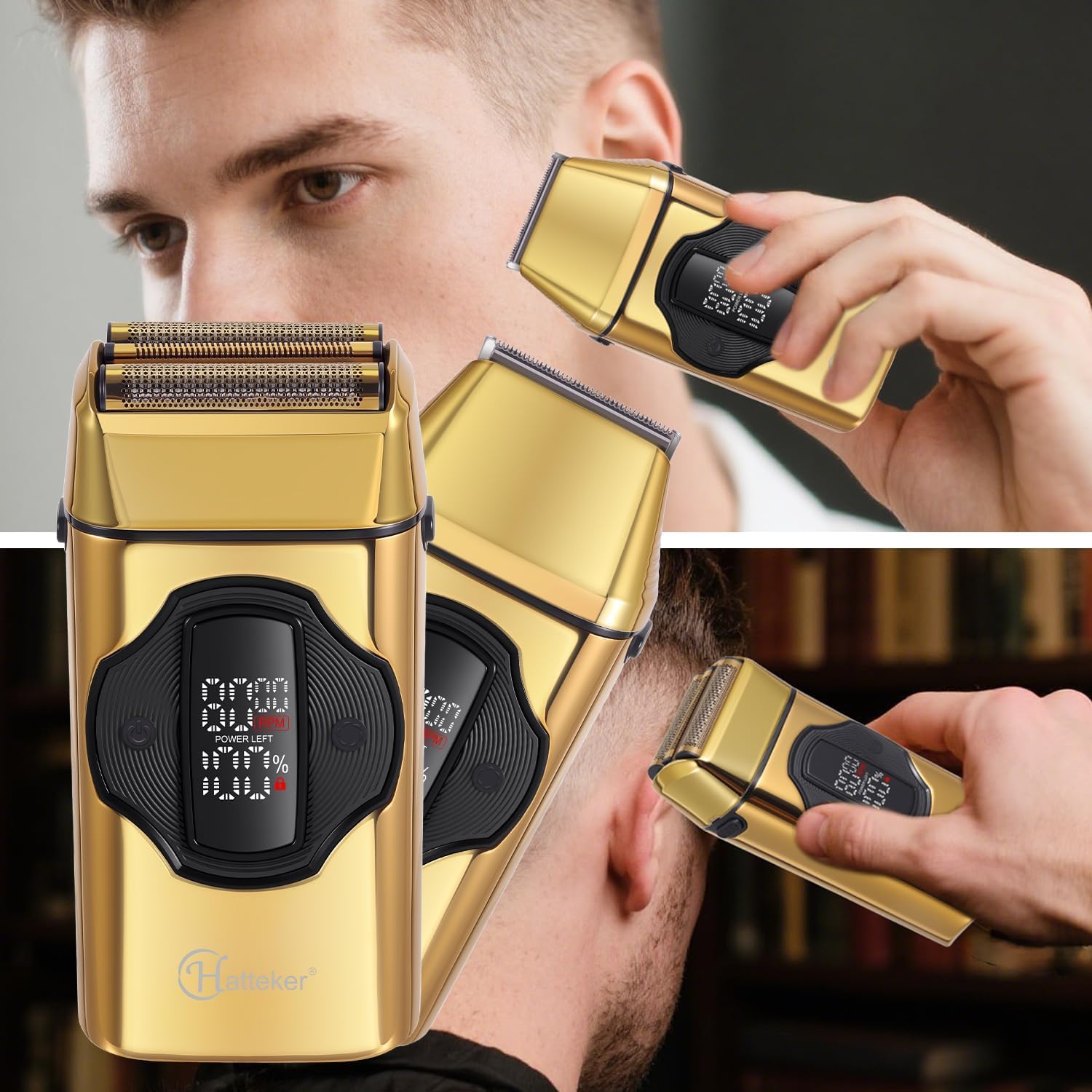 Hatteker Rasoir électrique 2-en-1 Pour Homme Rasoir à Feuille Taille-croix Avec Tête à Adsorption Magnétique Tête de Taille-croix Amovible étanchéité IPX7 Pour Rasage Sec et Humide Grand écran LED(Or)