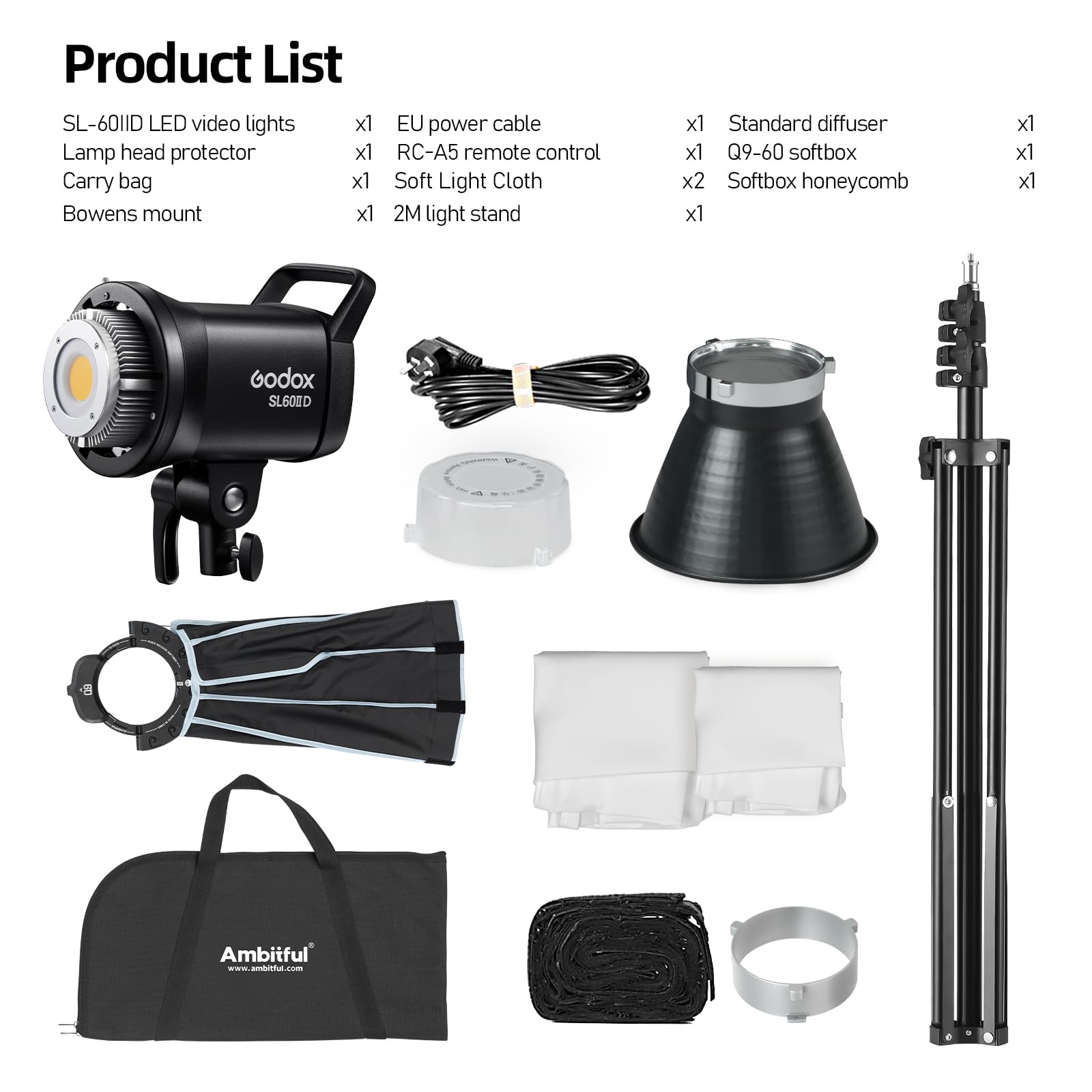 Godox SL60II-D LED Video Light 70W Kontynuacyjne Światło z Montażem Bowens, Aplikacją i Odległym Sterownikiem + PS60 Rundowy Sufler z Siecią Grzbietową