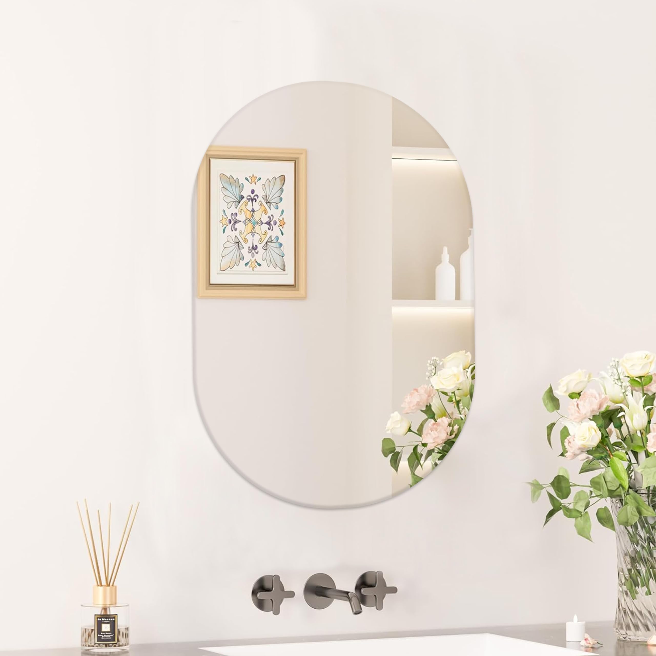 Rousrie Frameless Wall Mirror for Bathroom, Home Decor, Living Room, Washbasin Glass Mirror for Bathroom (Silver, 18 x 12 Inches) (1, Capsule)-image-8