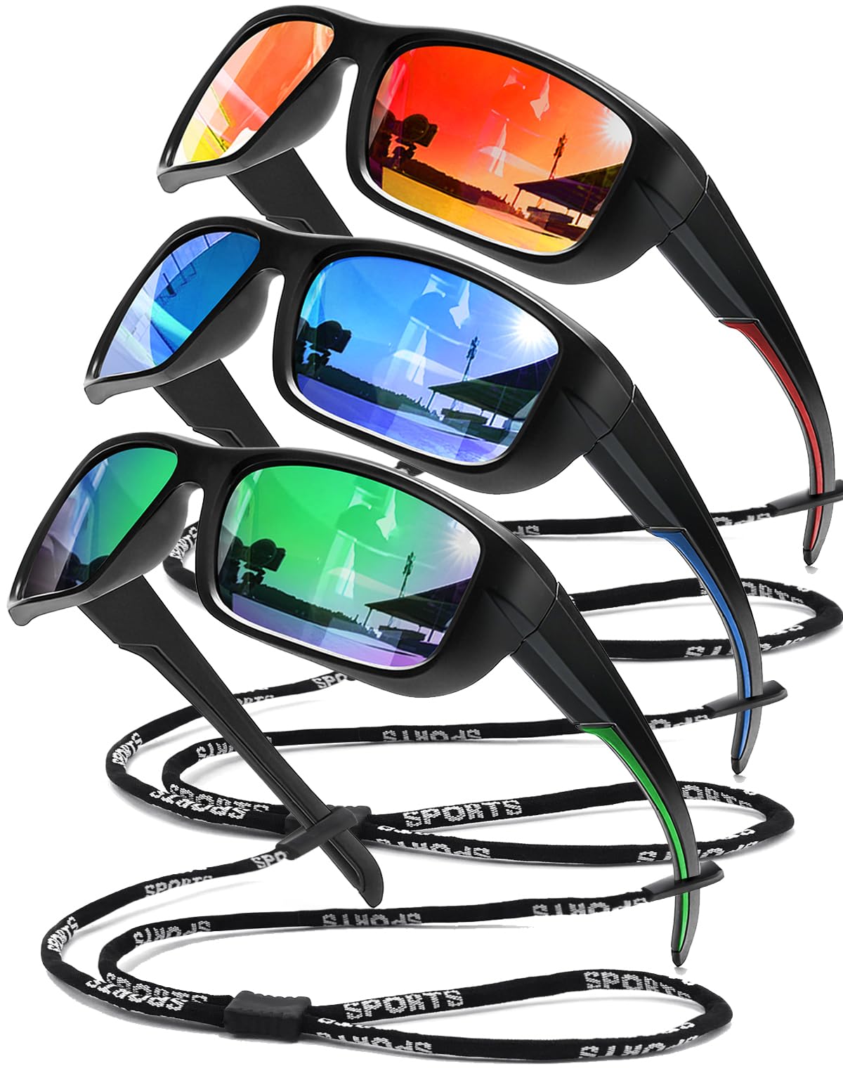 Confezione da 3 occhiali da sole sportivi polarizzati da uomo, montatura avvolgente UV400, occhiali da sole per ciclismo, pesca, guida