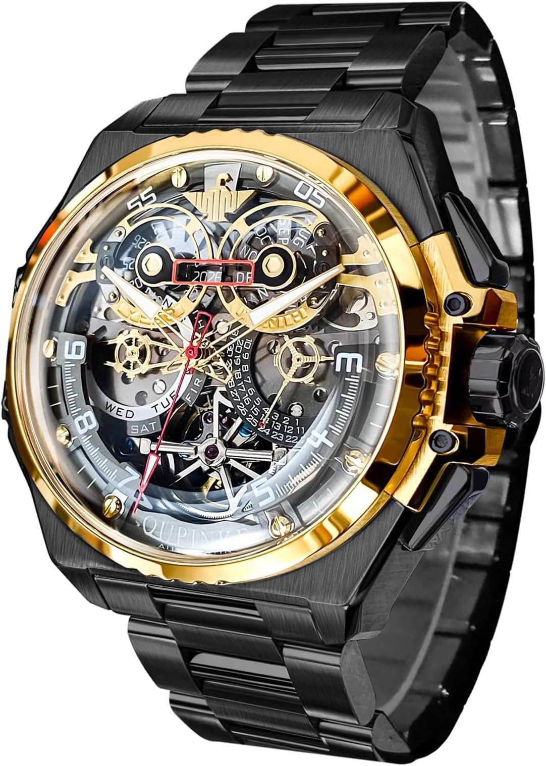 OUPINKE Mens Watches Automatic Dome Sapphire Glass Big face 3D Dial with 5ATM Waterproof Luminous Calendar Skeleton Crystal Tungsten Steel Strap Gold Black