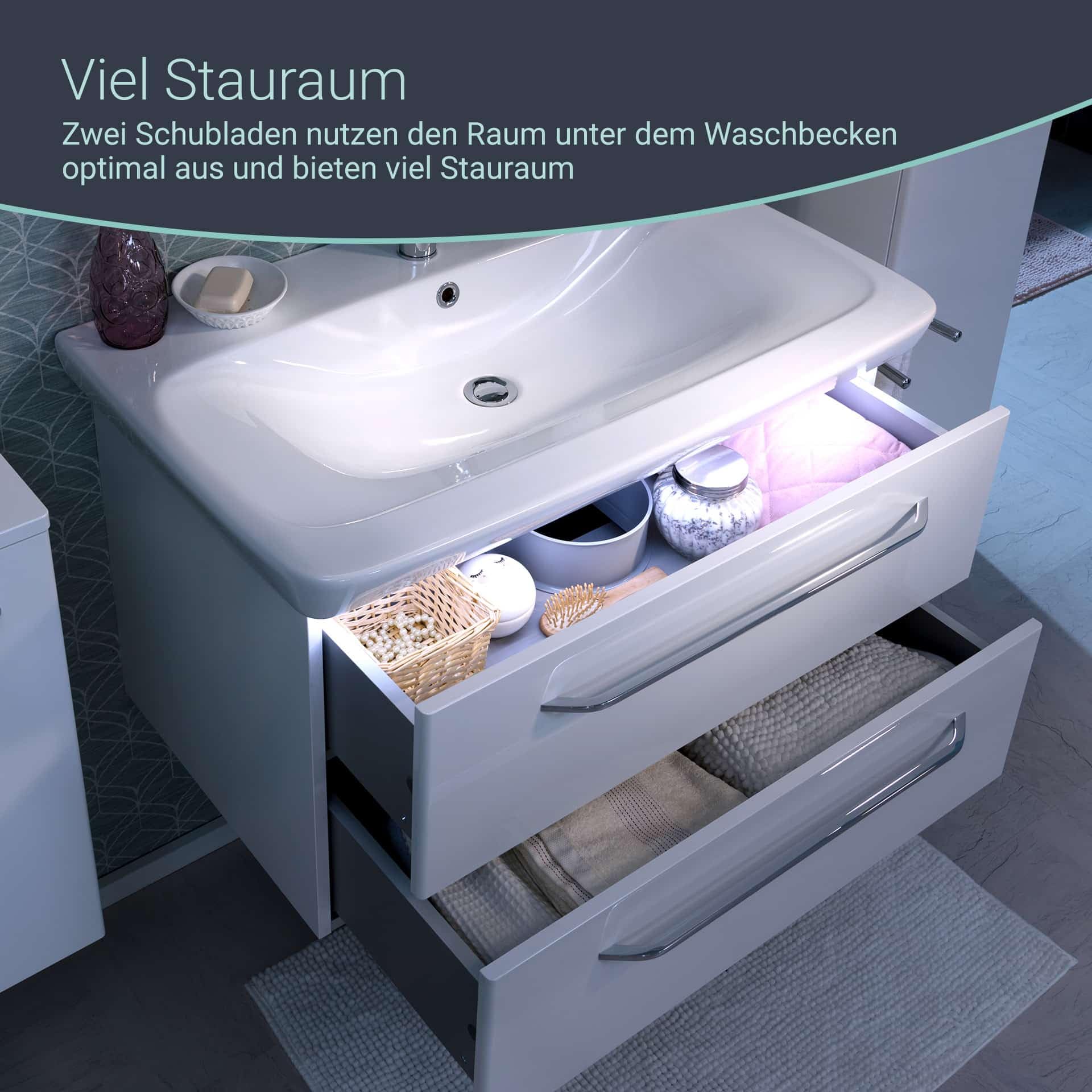 BadeDu NES Waschbeckenunterschrank in Weiß – 80cm breiter Waschtischunterschrank, Zeitlos moderner Stil, 2 Schubladen mit Soft-Close – Made in Germany