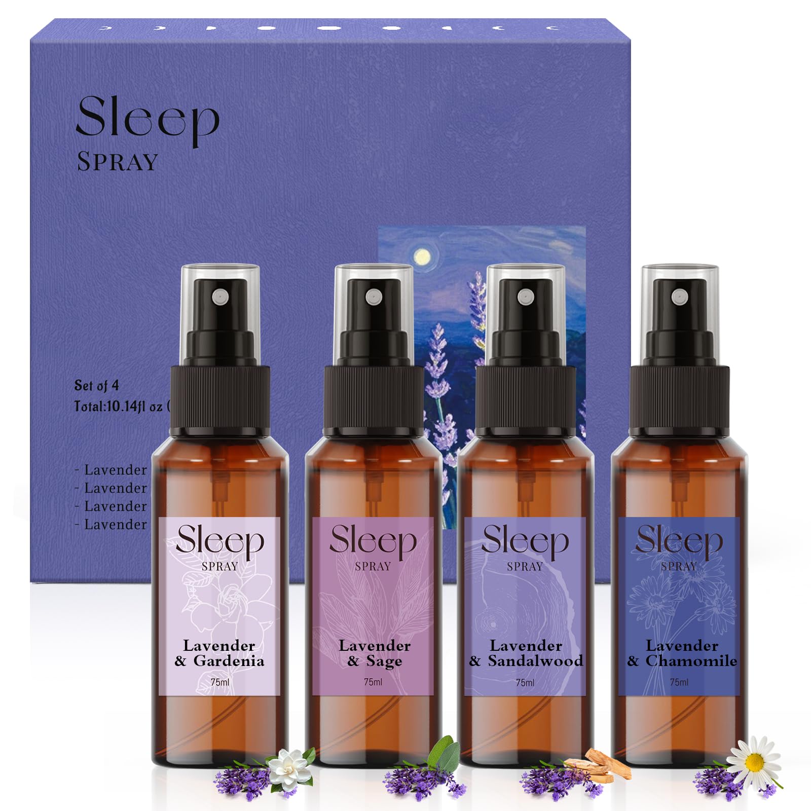 SCENTORINI Zestaw sprayu lawendowego, 4 x 75 ml, spray do poduszek pod głowę, zapach lawendy z gardenią, szałwią, rumiankiem, sprayem do pomieszczeń z drewna sandałowego, do poduszek, pościeli