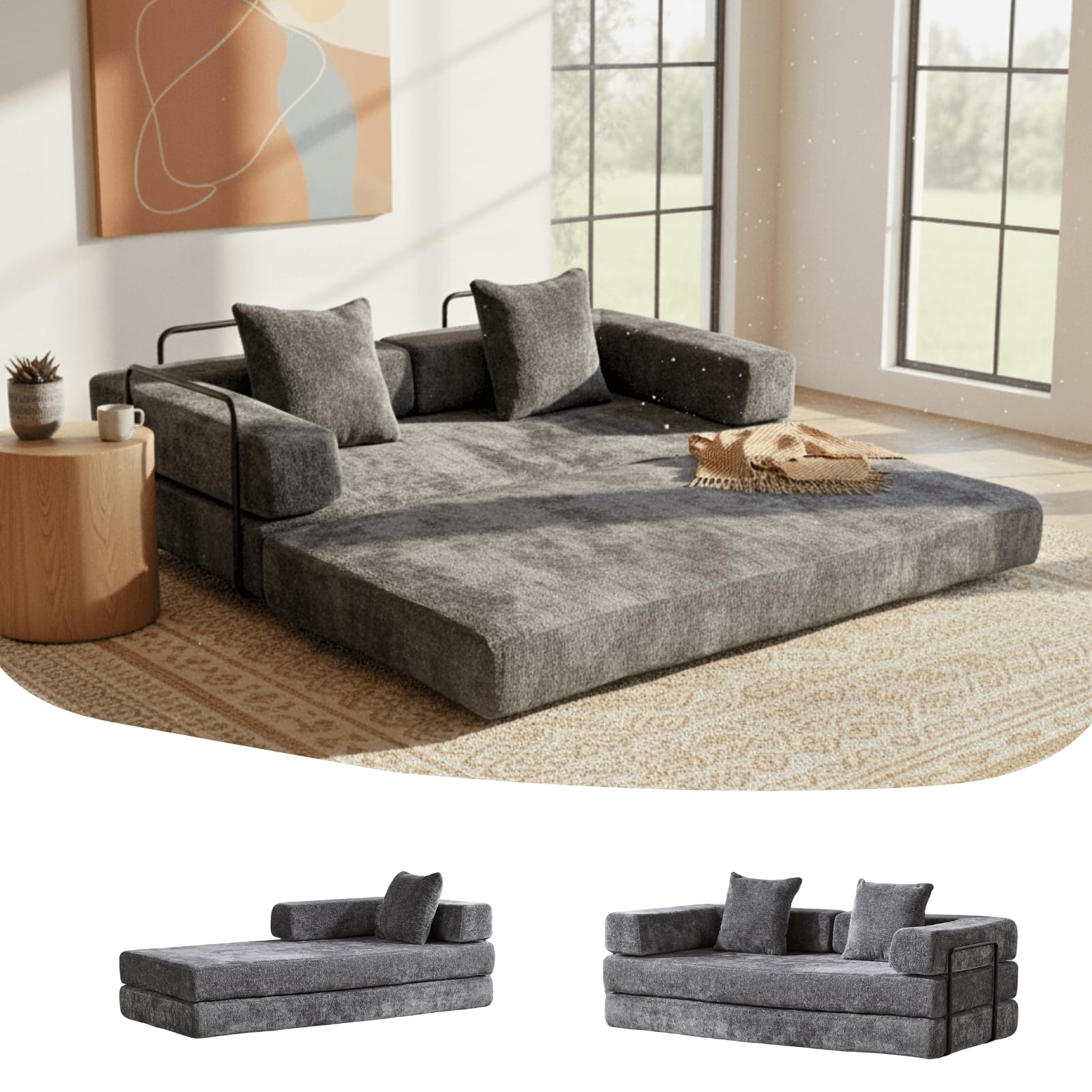 Sofa Bed 4-in-1 Folding Convertible, 77 Inch Loveseat Sleeper with Pull Out Bed, Oversized Chenille Upholstered Boneless Couch, Floor Sofa Modular for Living Room Bedroom Lounge, Dark Grey
