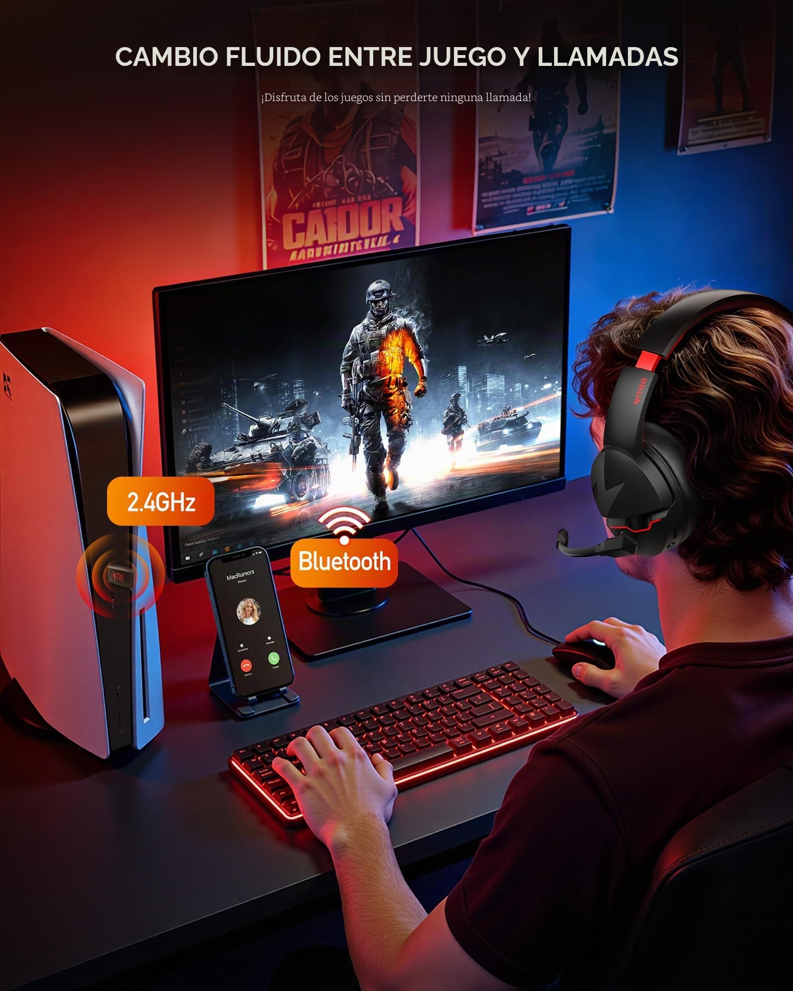 Acer Auriculares inalámbricos para Juegos, PS5 con 2.4 GHz para PS5, PS4, PC, Switch, Bluetooth 5.3 + 100 Horas con micrófono de cancelación de Ruido para Laptop, móvil, Mac, Controladores de 50 mm
