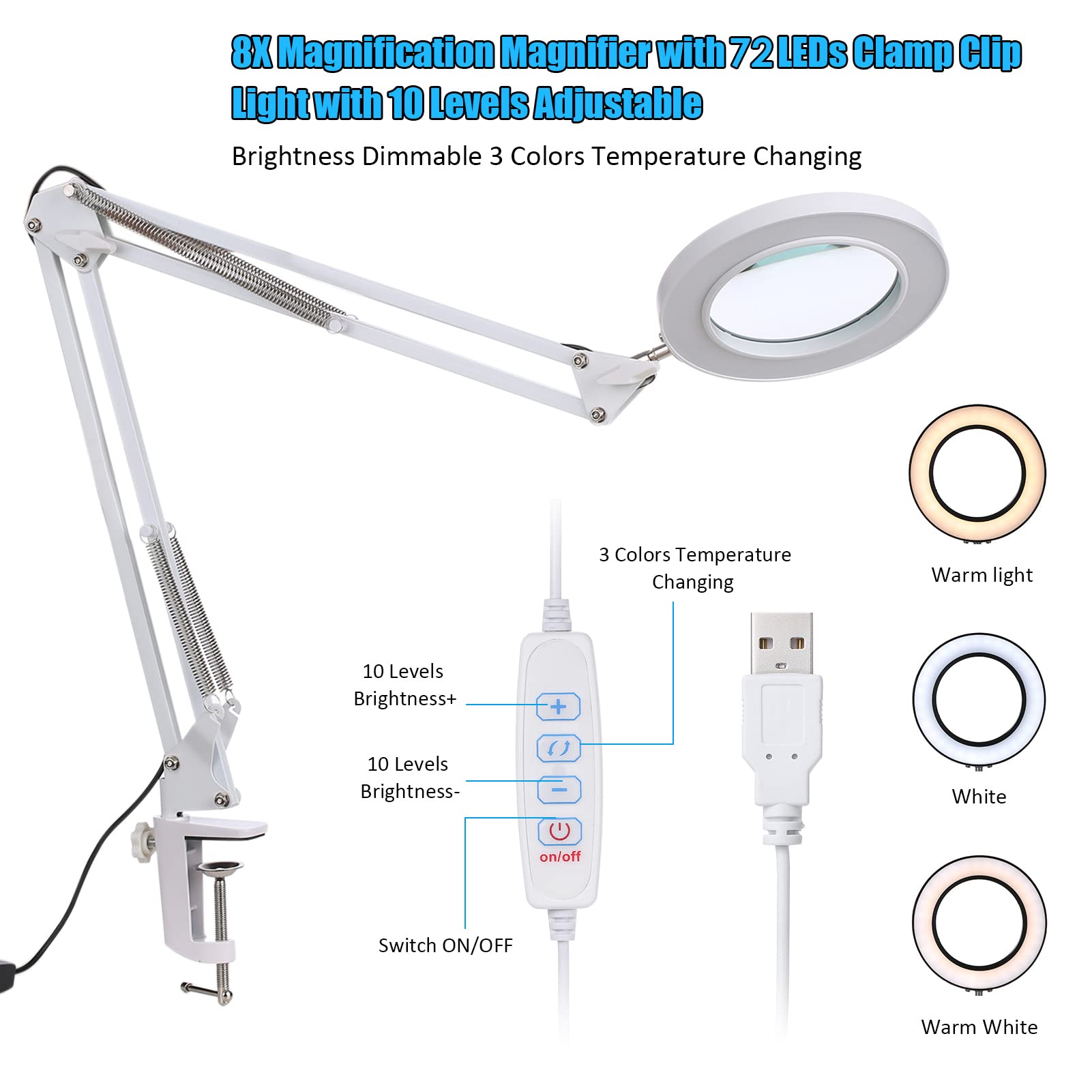 Kavolet 8X Lámpara de Aumento, LED Lámparas de Escritorio Lupa con Abrazadera Ajustable, Lámpara de Lupas, 3 Modos de Color,10 Levels Brightness,Brazo Giratorio,para Lectura,Manualidades y Soldadura