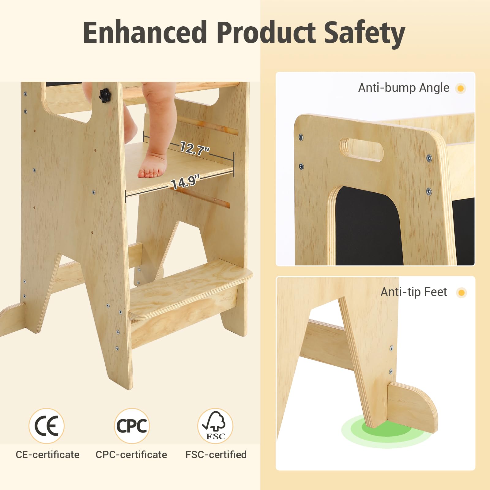 pädagogisch wertvoll Lernturm aus Holz für Kleinkinder | Verstellbarer Küchenhelfer/Tritthocker - rutschfest & kippsicher - mit Sicherheitsgeländer & Tafel - inkl. LCD-Zeichentafel