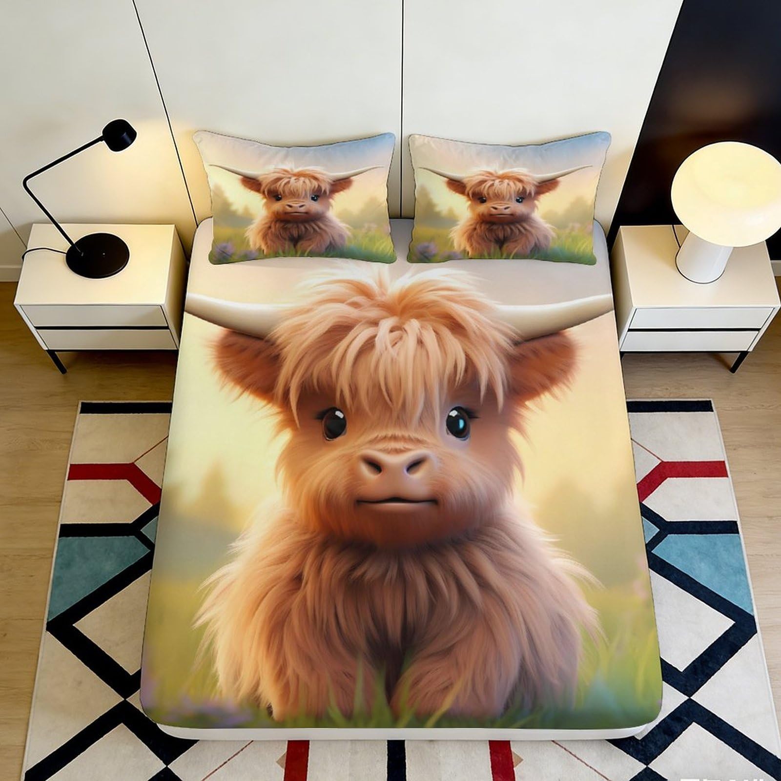 3D Printed Highland Cow Fitted Sheet Microfiber Soft Cartoon Cattle Bed Cover for Bedroom Dorm Mattress Decor 90x200x25cm