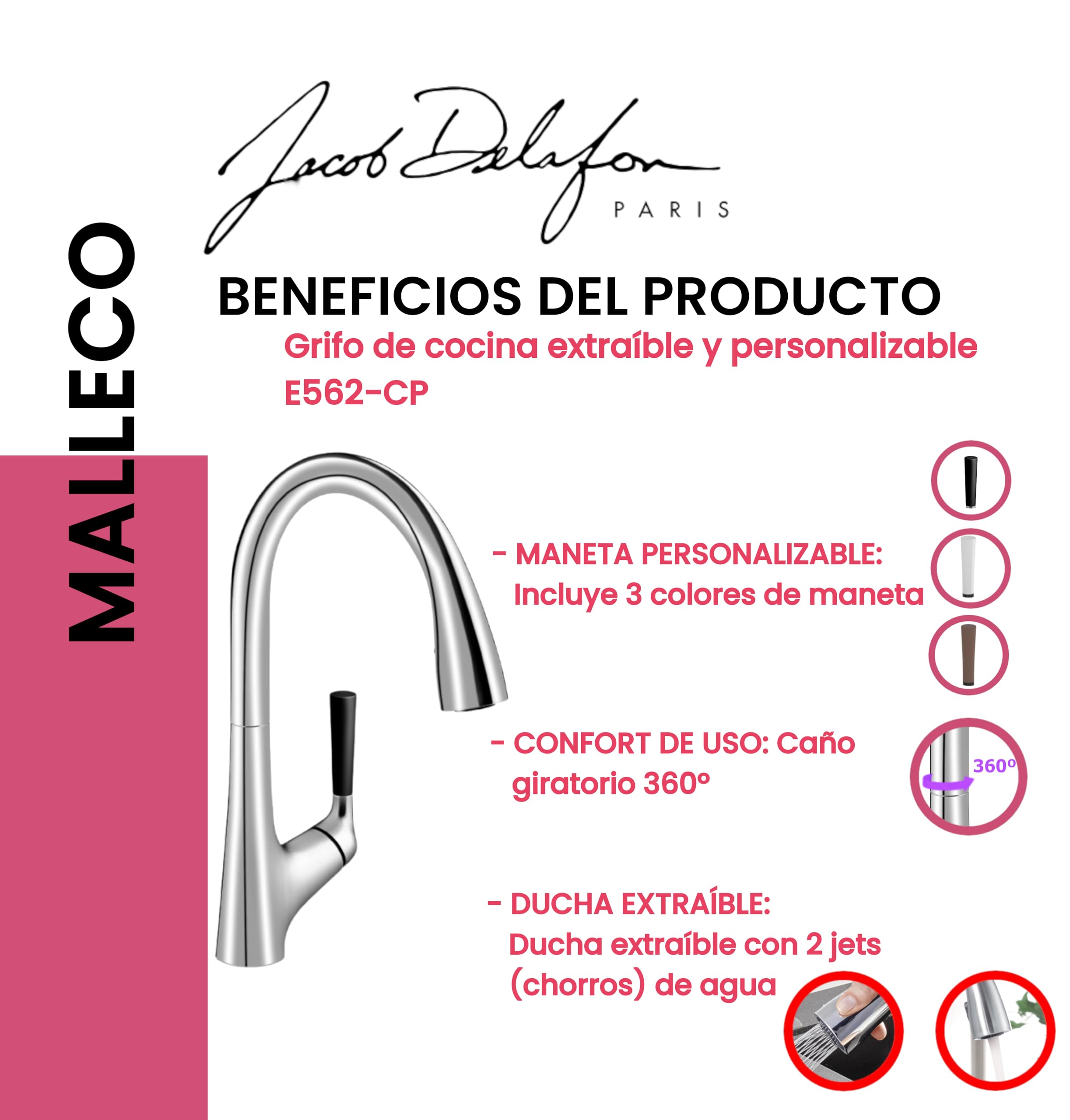 Bateria kuchenna z wyjmowanym prysznicem i konfigurowalnym uchwytem Jacob Delafon MALLECO E562-CP