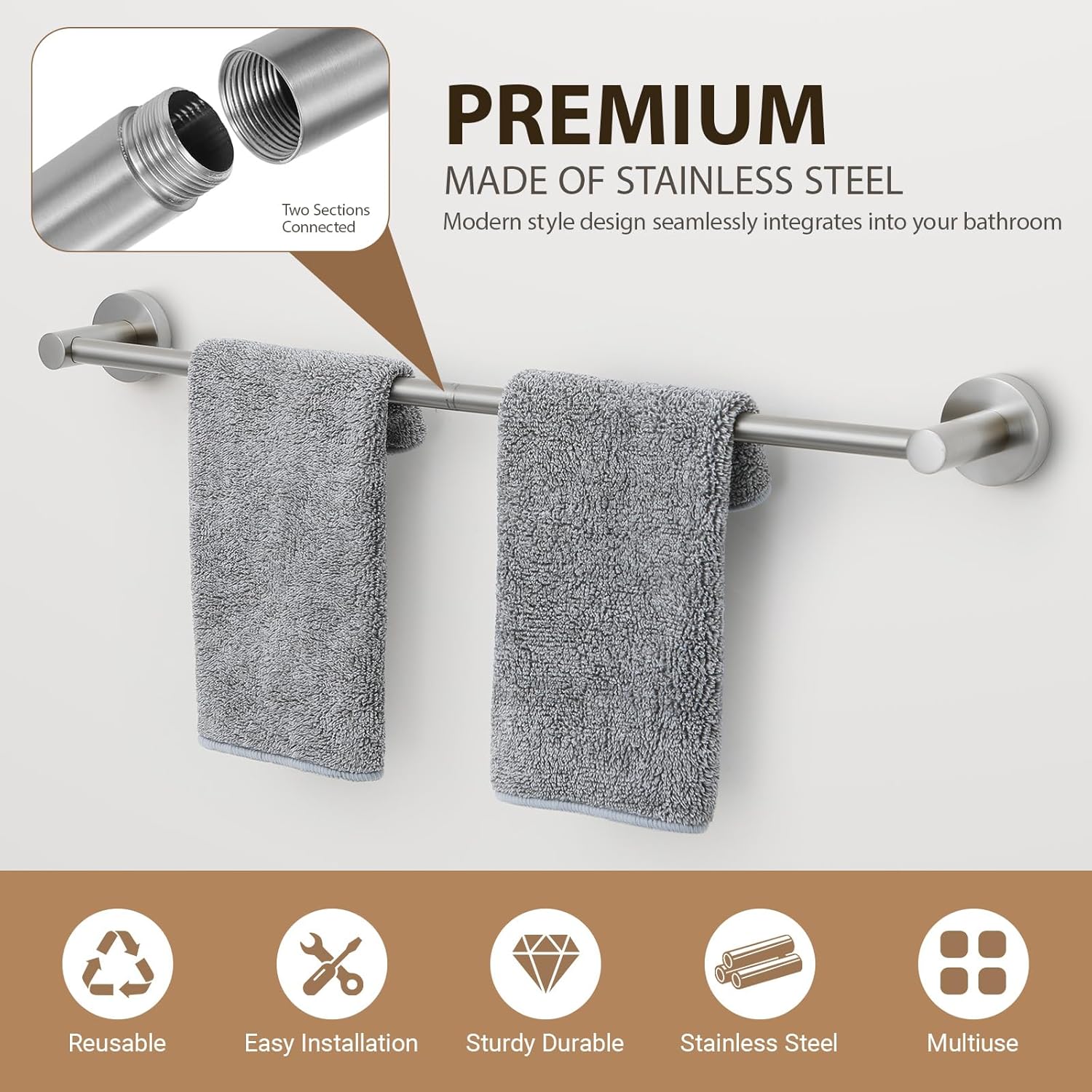 Bathroom Accessories Kit 4 Piece – 24 Inch Towel Bar Set, Rustproof Stainless Steel Bathroom Hardware Set with Towel Ring, Toilet Paper Holder & Robe Hook, Wall Mounted Bathroom Fixtures Set