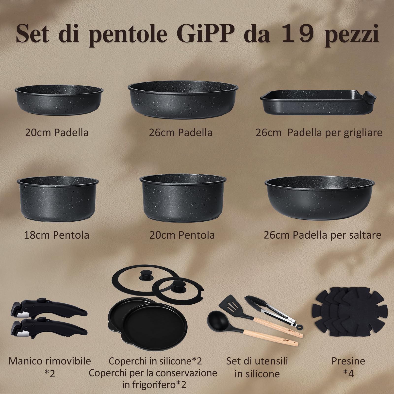 GiPP 19 Pezzi Set di Pentole Antiaderente Compatibile Induzione, Nero