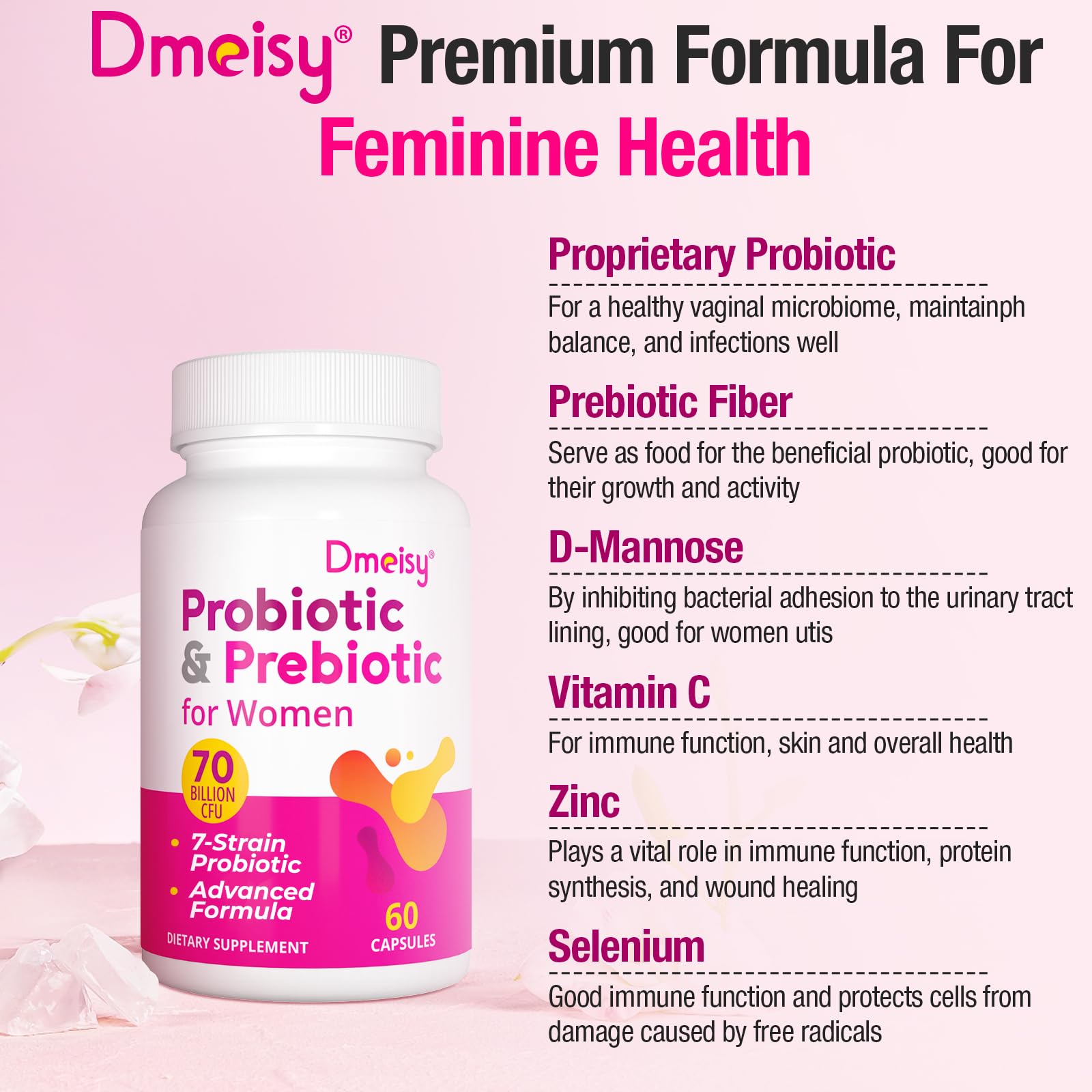 Probióticos para mujeres, 70 mil millones de probióticos CFU + prebióticos y D-manosa, probióticos 13 en 1 para mujeres para salud vaginal, inmune urinaria y digestiva, equilibrio de pH, estreñimiento