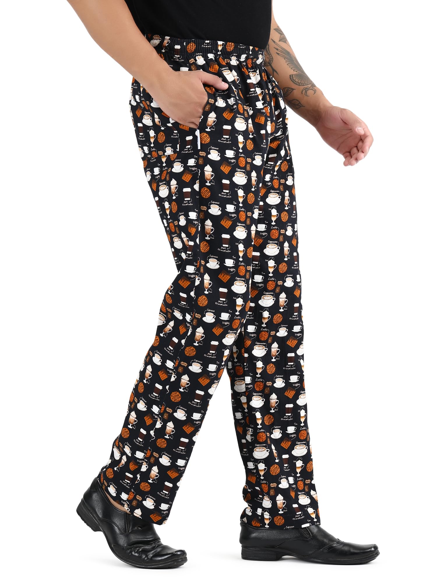 Unisex Printed 100% Cotton Men Women Chef Cook Pants Trouser with Draw String for Food Service, Bakers and Culinary Professional (Small, Cafe Print)