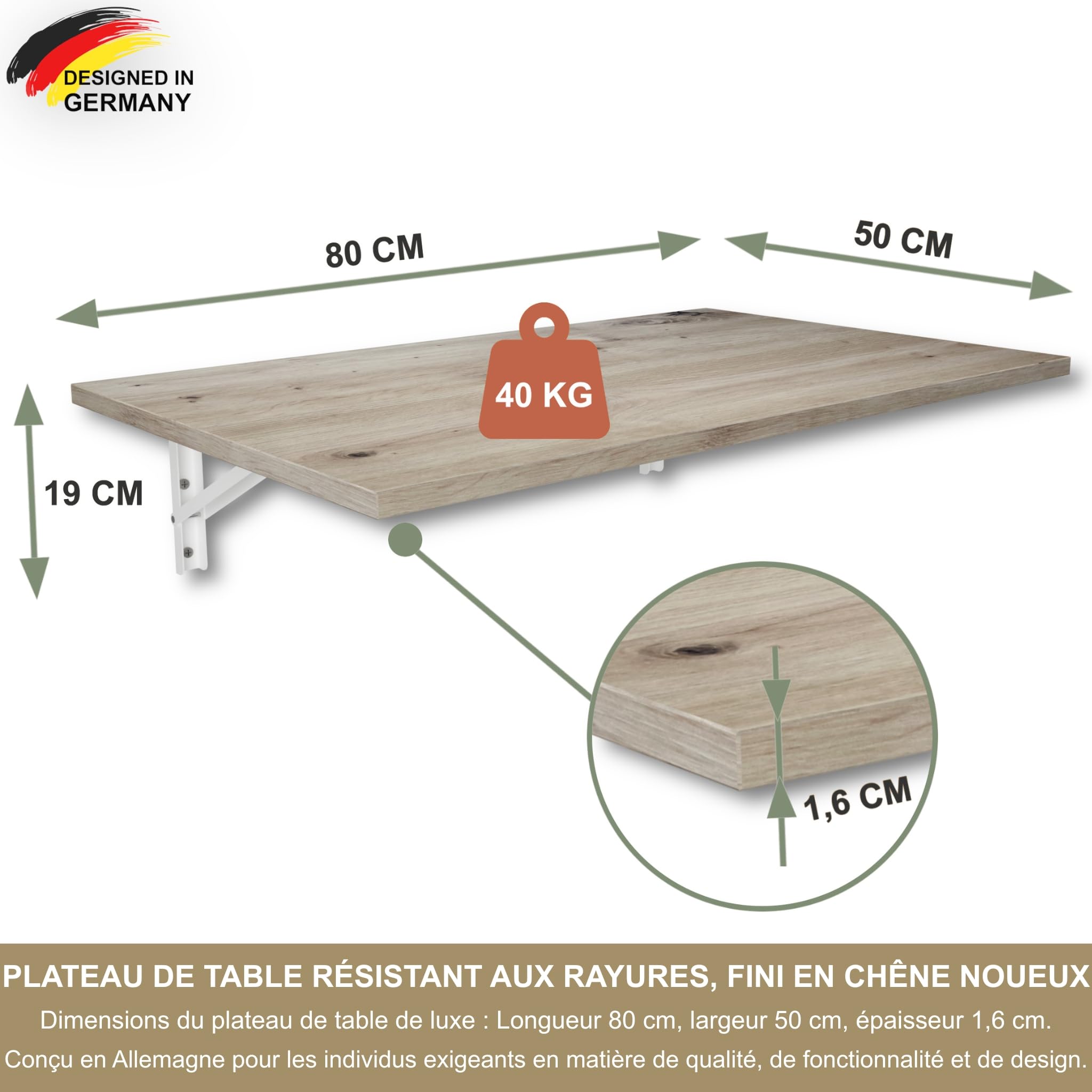 KDR Table Murale Pliante 80 x 50 cm – Table Rabattable Murale Gain de Place, Bureau Pliable, Table de Cuisine ou Salle à Manger, Table Murale pour Petit Espace, Montage Mural Polyvalent (Chêne noueux)