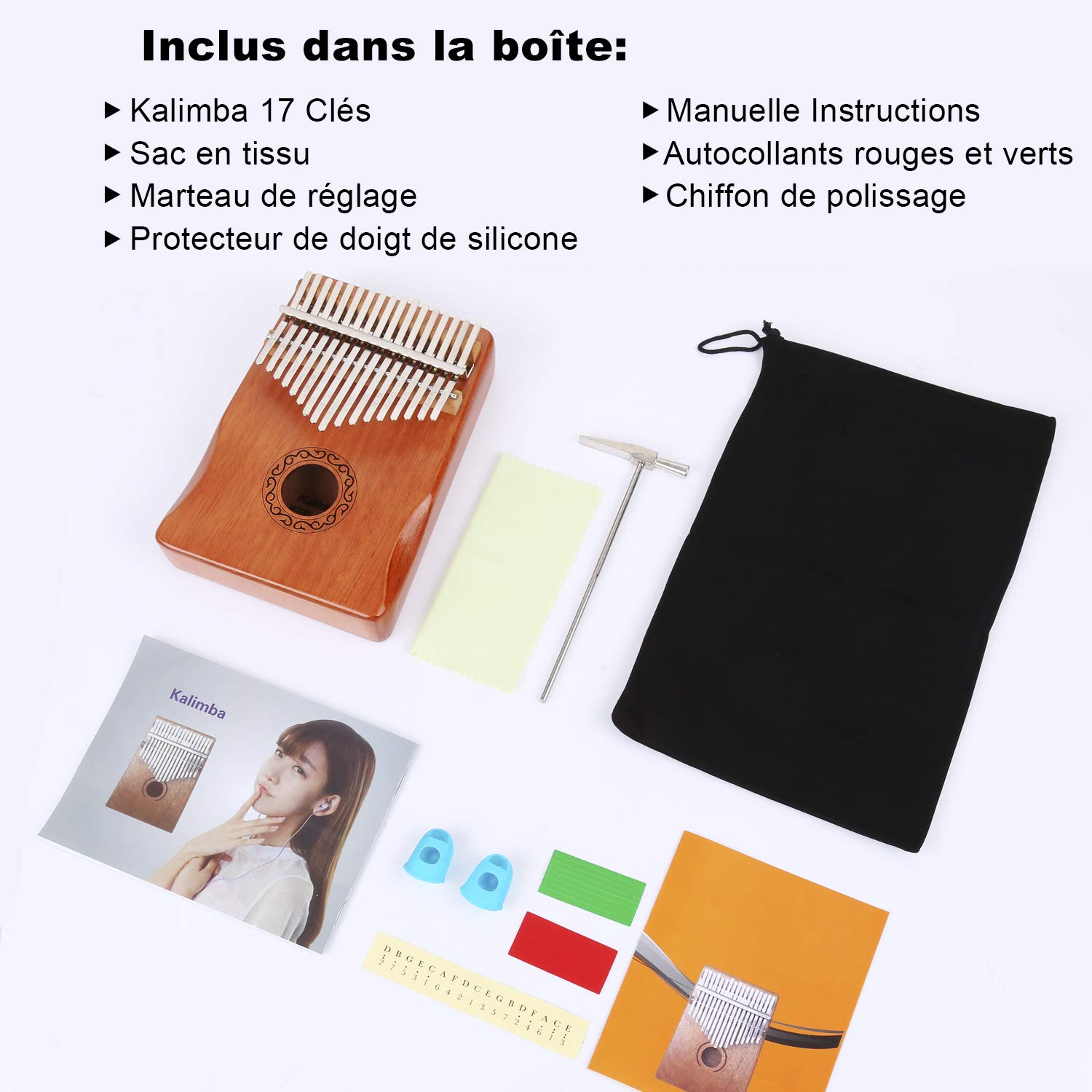 Kalimba 17 Clés Pouce Doigt Piano Portable Instrument de Musique avec Accessoires,Kalimba instrument avec tuning hammer pour enfants adultes débutants amateurs (Jaune)