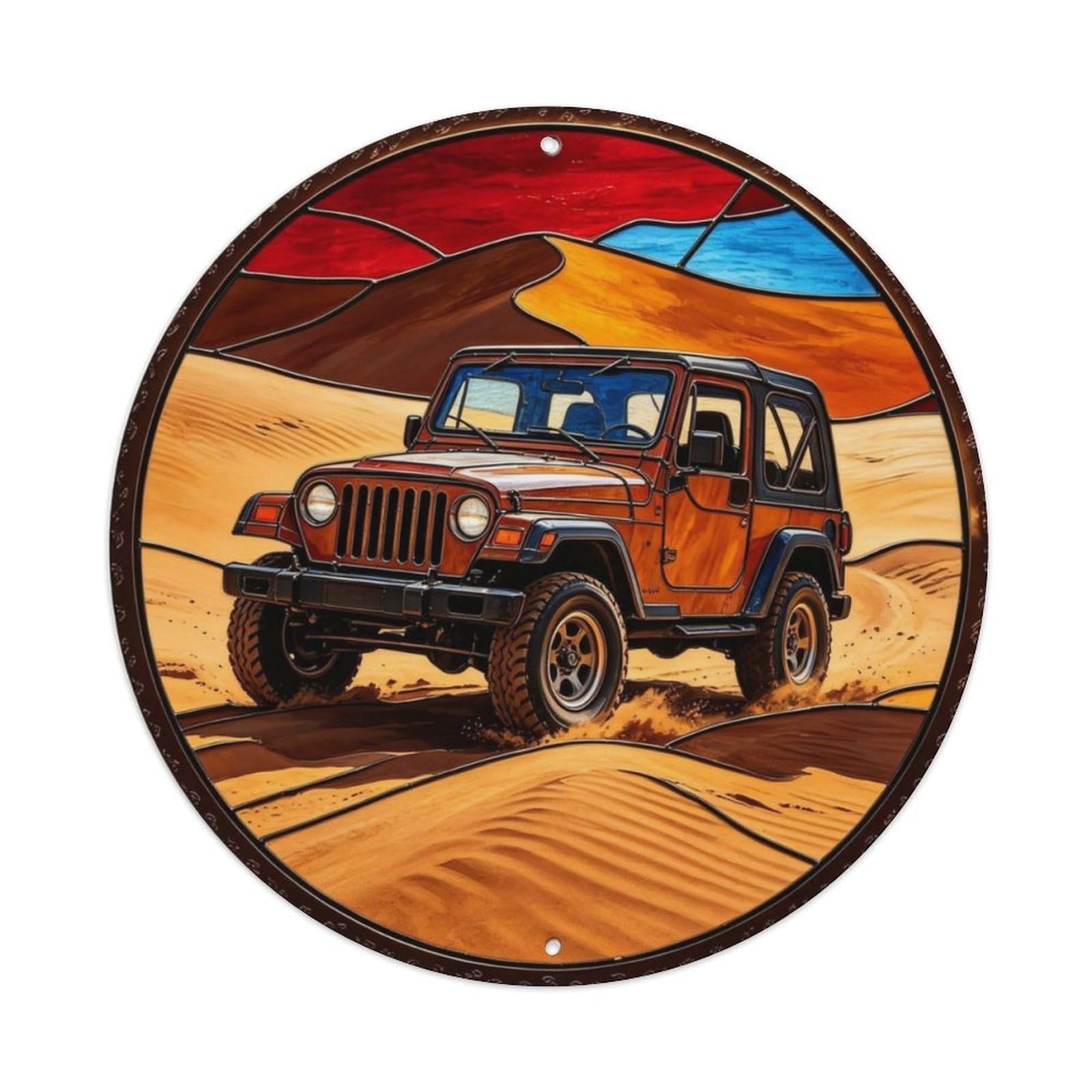 Vintage Jeep Offroad Desert Sand Dunes Stained Glass Metal Tin Sign Plaque