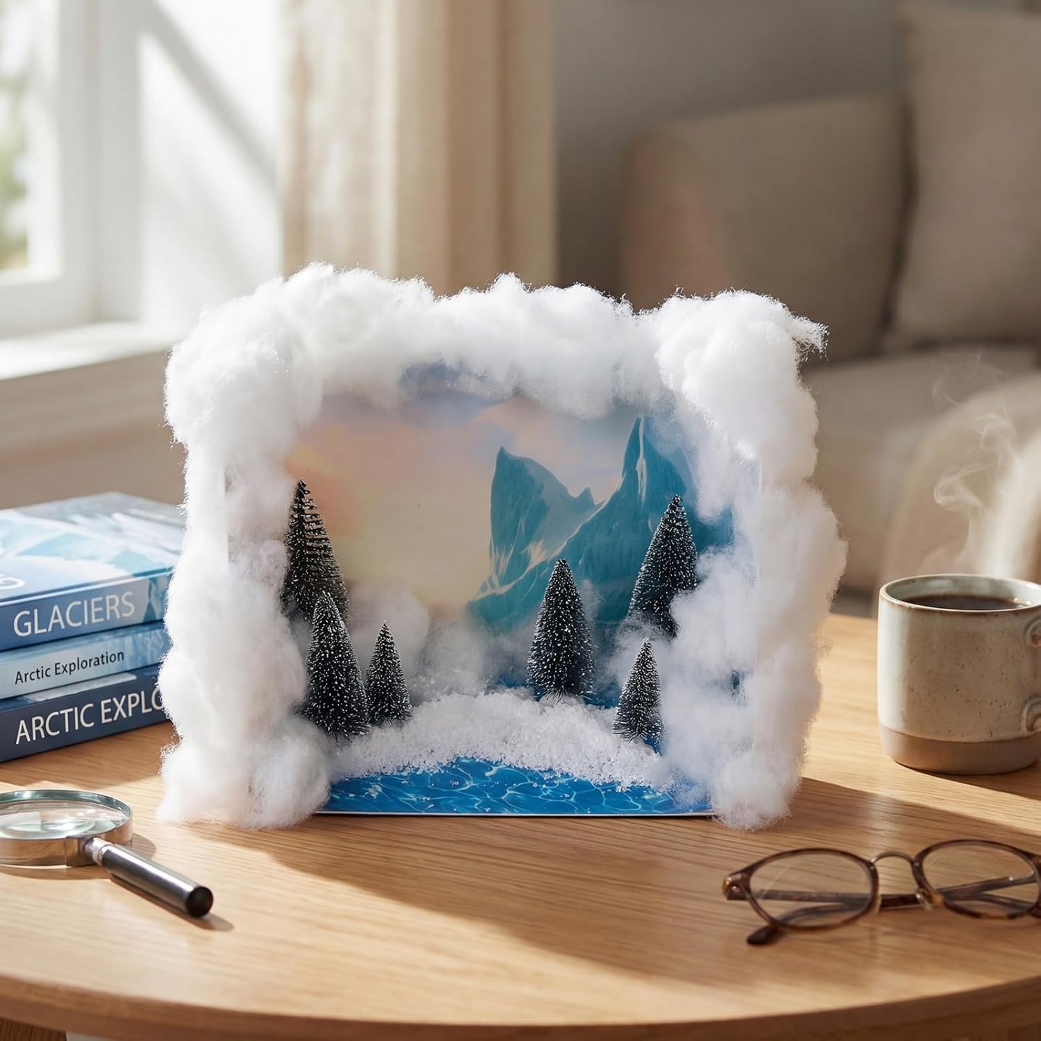 AmazingSpark Arctic Diorama Box Kit Arctic Diorama Habitat Project Supplies Set Include Cardboard Display Case and Water Sticker Decor with Artificial Pine Trees Artificial Snow for DIY Crafts