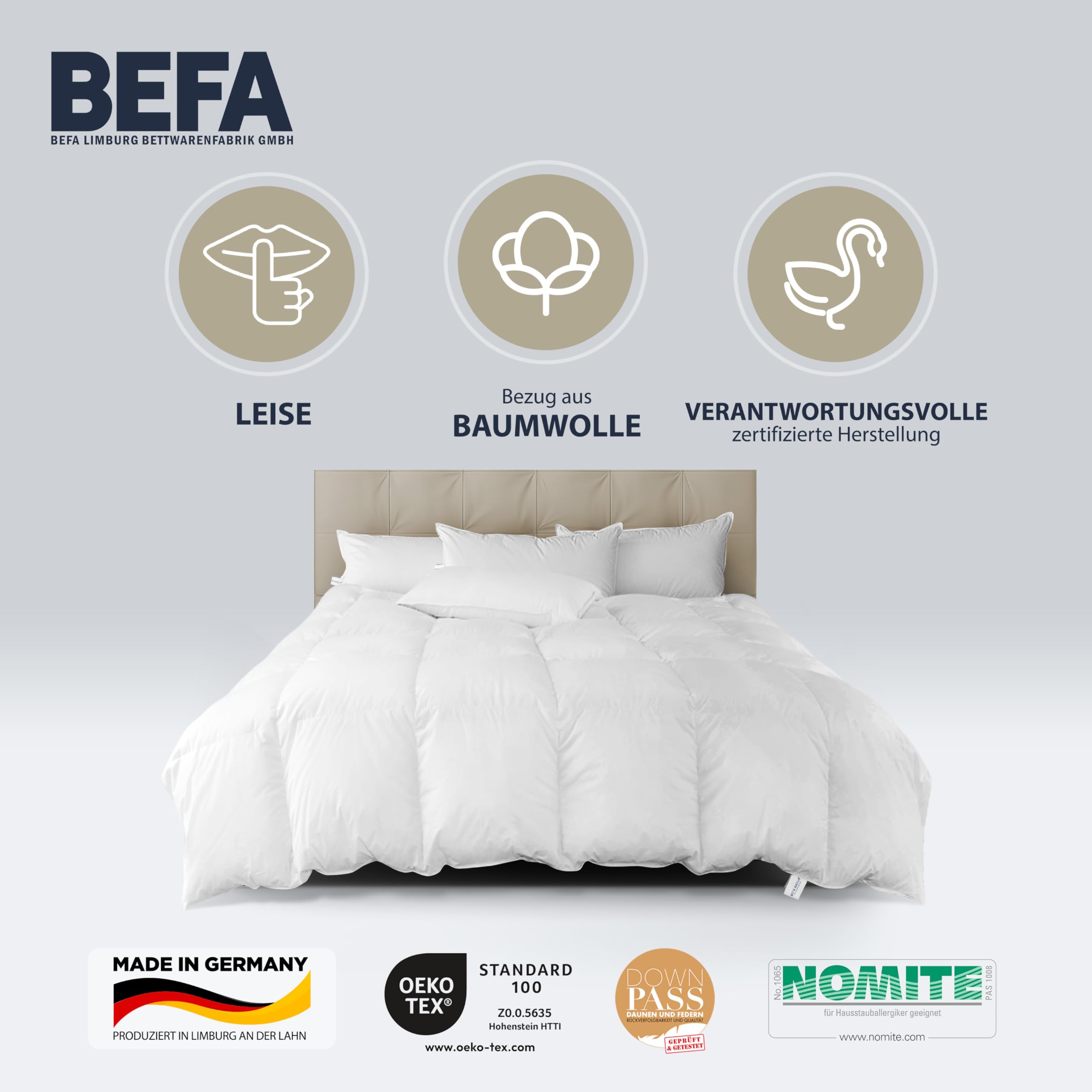 BEFA NATUR Made in Germany Tencel kołdra puchowa 200 x 220 cm z 90% puchu i 10% pierza, nadaje się na wszystkie pory roku, nadaje się dla alergików (Nomite), EN Standard 12934, Öko-Tex 100 klasa 1,