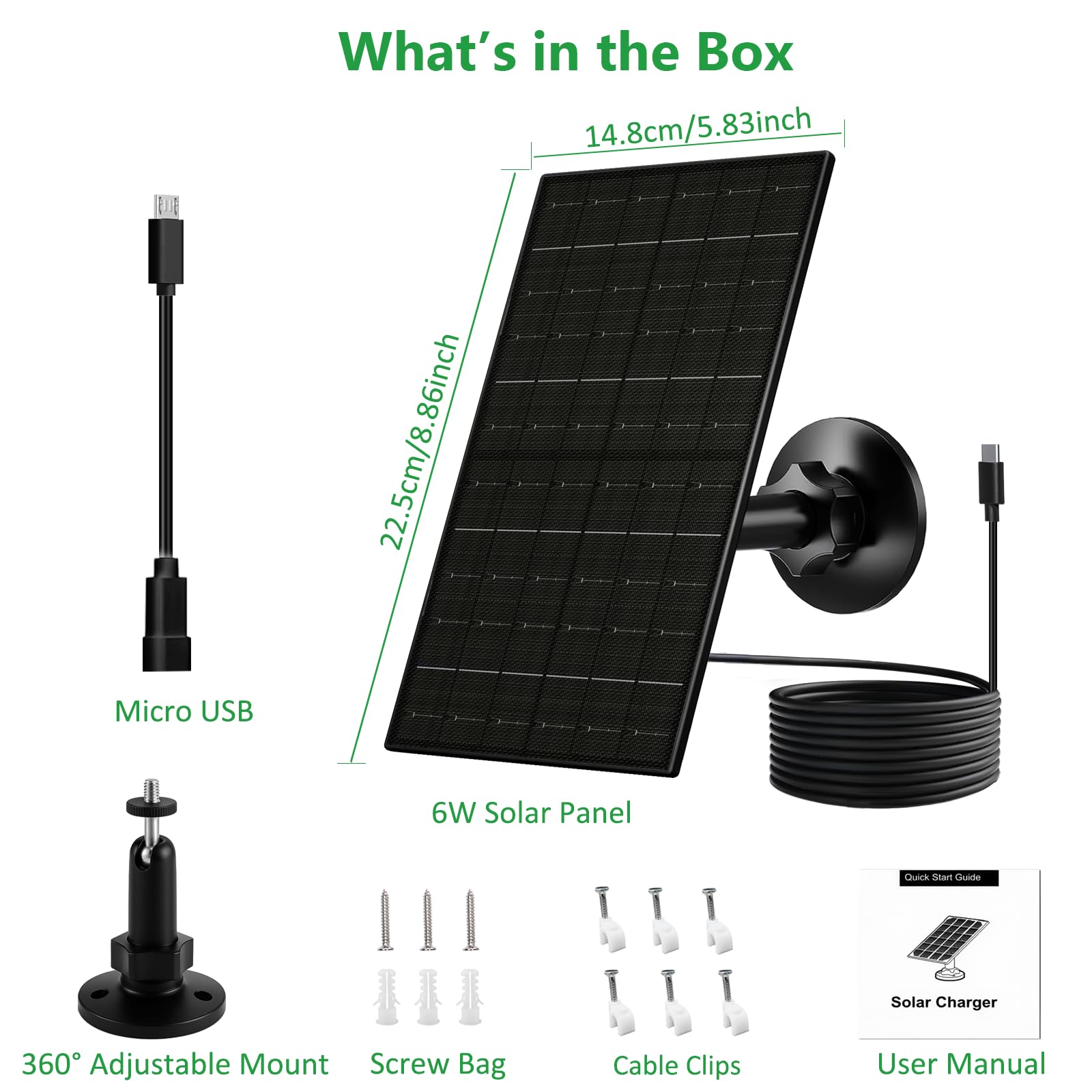 Zivif Panel słoneczny 6 W do kamer bezpieczeństwa, ładowarka solarna 5 V, kompatybilna z kamerami z akumulatorami, z portem USB-C i micro USB, wodoodporność IP66, regulowany uchwyt 360° i kabel 2,2 m