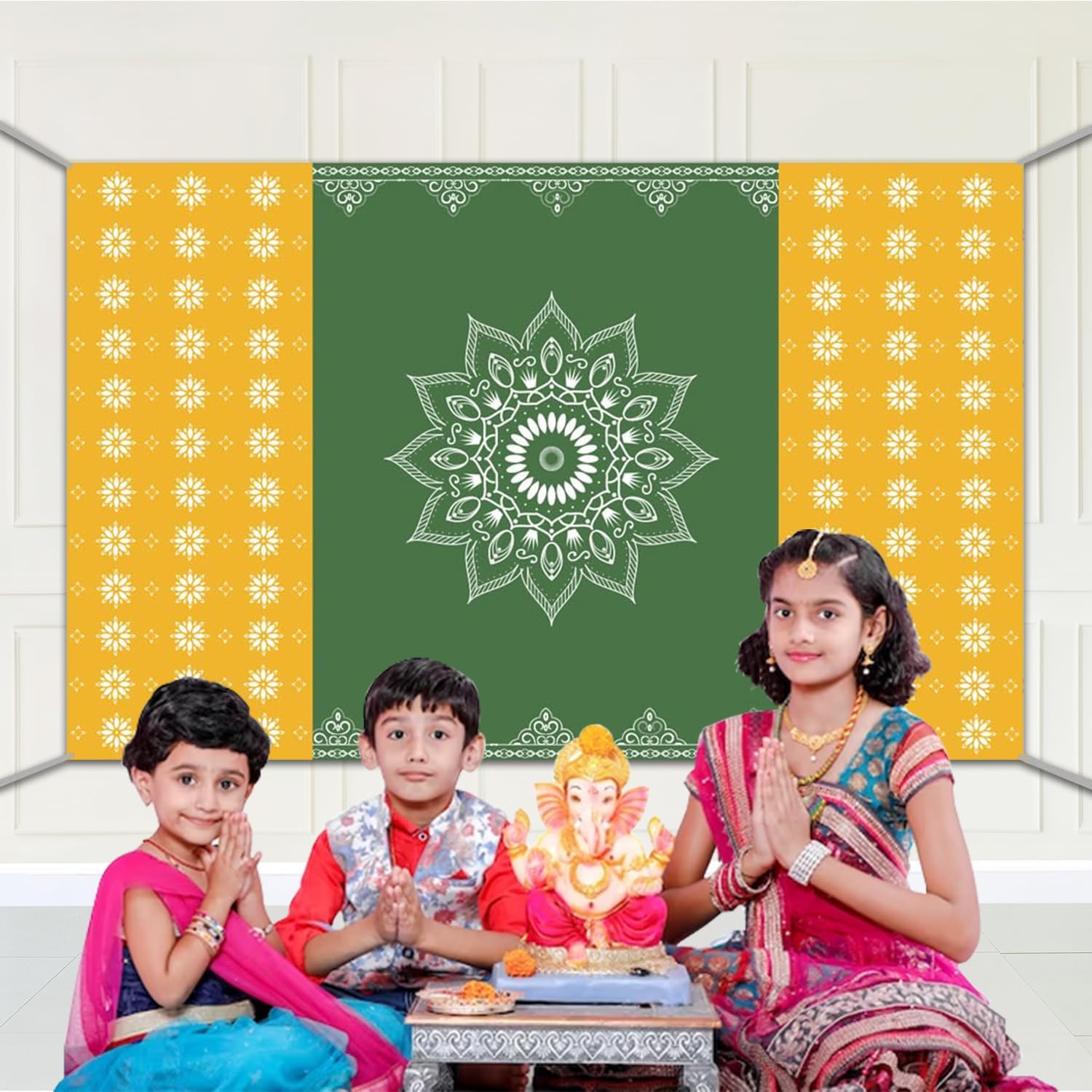 Party Propz Traditional Backdrop Decoration Cloth, Diwali Decoration for Home Decor, Navratri Decorations Items, Annaprasana Decorations, Haldi Decor (Cloth Banner)(Green,Yellow) - Image 5 thumbnail