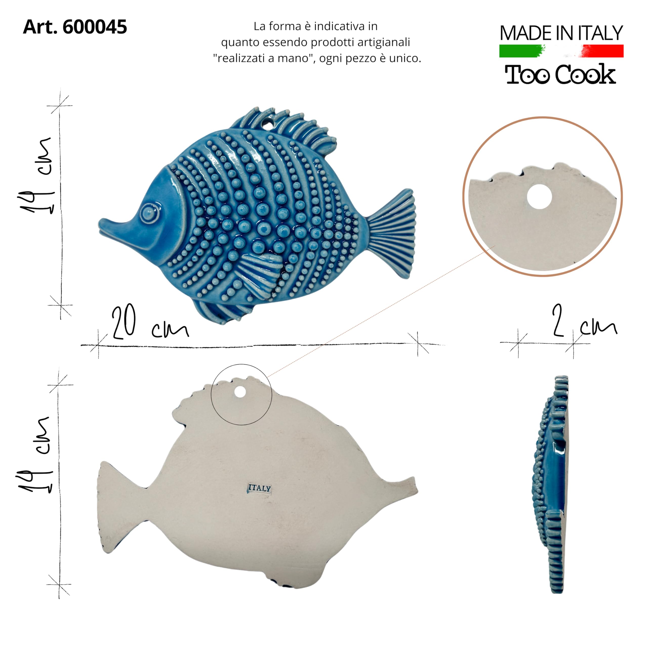 Toocook Animali marini in ceramica naturale o smaltata per Decorazione Murale e Arredo Casa, Realizzati Artigianalmente, Idea Regalo Made in Italy (Pesce Blu)