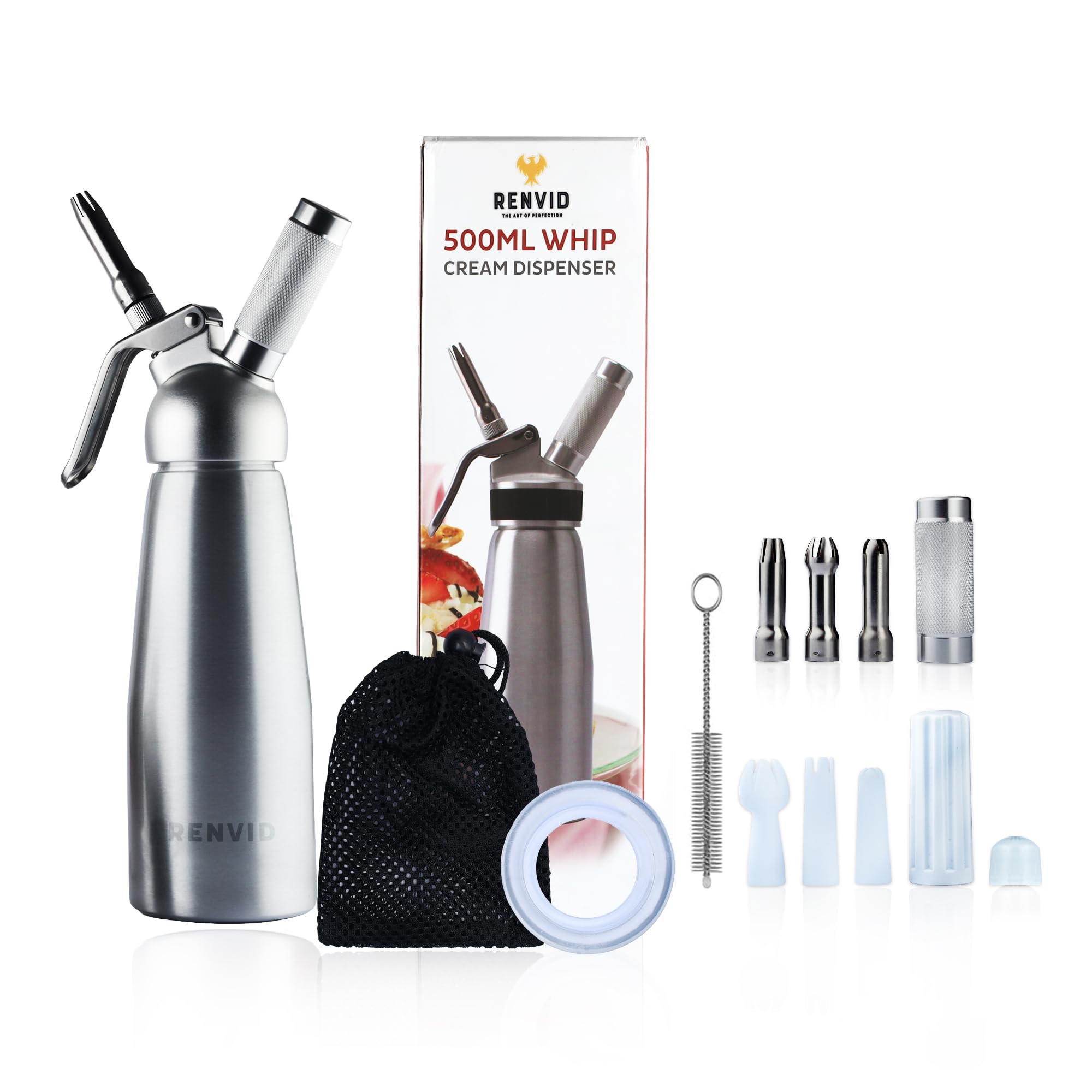 Professional Whipped Cream Dispenser–500mL Aluminium Whip Maker Canister with 2 Sets of Stainless Steel & Plastic Tips, Cleaning Brush & Mesh Storage Bag–Leak-Proof & Easy to Use for Homemade Desserts