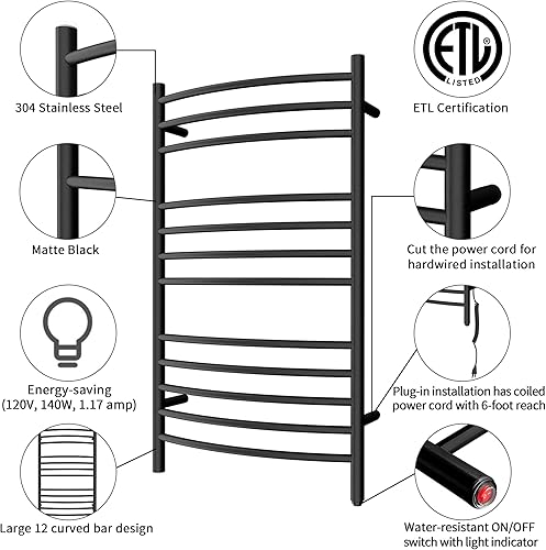 Miniatura 2 de HEATGENE - Calentador de toallas de montaje en pared, enchufecableado eléctrico, estante de toallas calentado, 4 soportes, negro mate