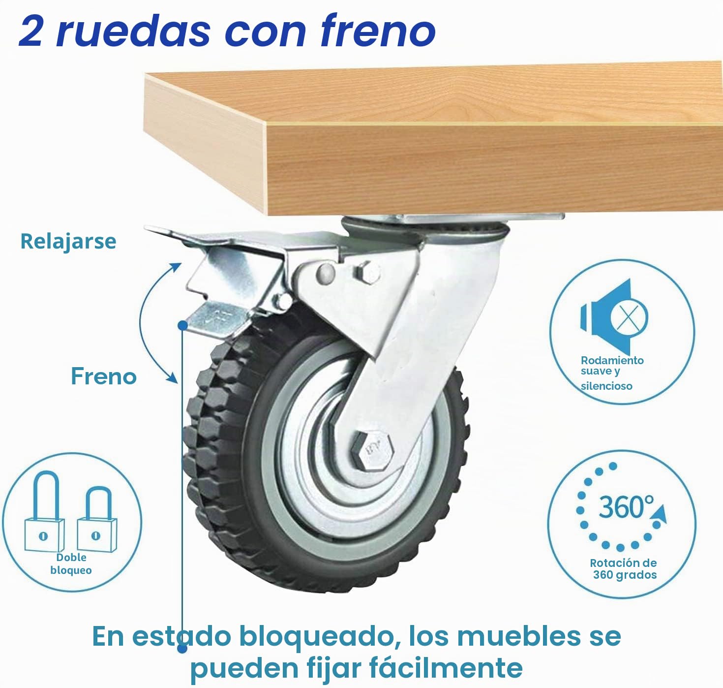 4 ruedas para cargas pesadas, ruedas giratorias de 200 mm con freno, ruedas de transporte giratorias 360°, ruedas de transporte para cargas pesadas, ruedas para muebles, capacidad de carga de 1000 kg