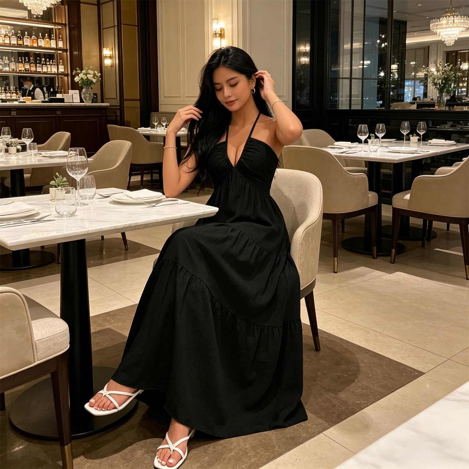 Robe Longue Femme Dos Nu à col Halter et Volants superposés – Robe d'été Fluide, décolleté en V Profond et Liens au Dos