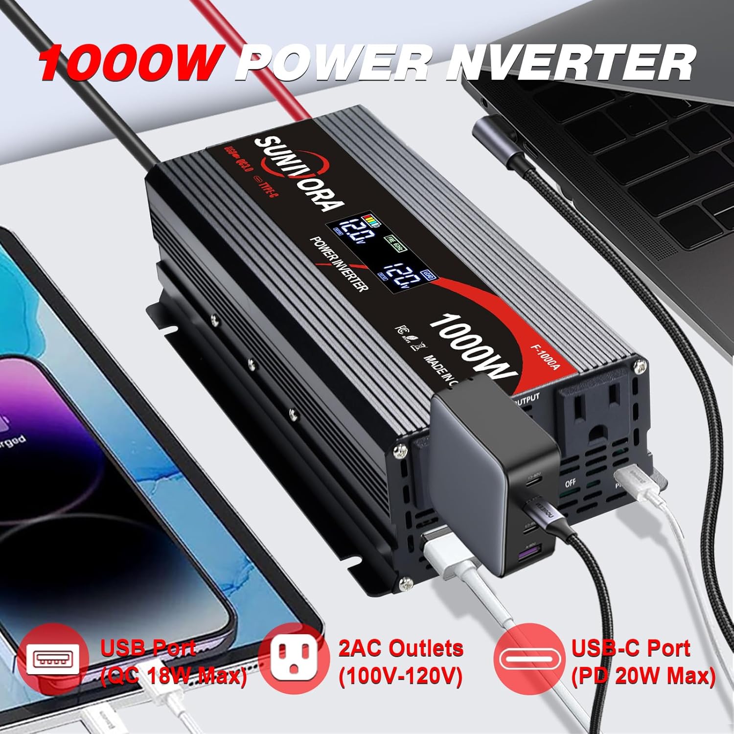 1000 Watt Car Power Inverter 12V DC to 110V/120V AC Converter 2000W Peak with LCD Display, 2 AC Outlets & PD Type-C & USB 3.0, Car Plug in Adapter Outlet Supplies Power to Appliances on Car Boat