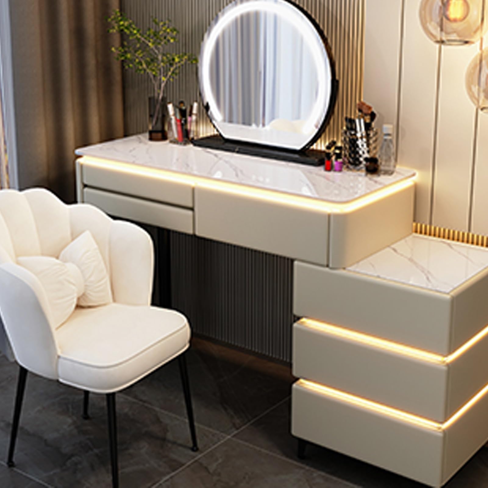 CGCSYZ Elegant White Vanity Desk with Mirror Drawers and Lighted Side Cabinet Makeup Vanity Table with Stool 3 Light Settings(Khakia-80cm/31.5in)