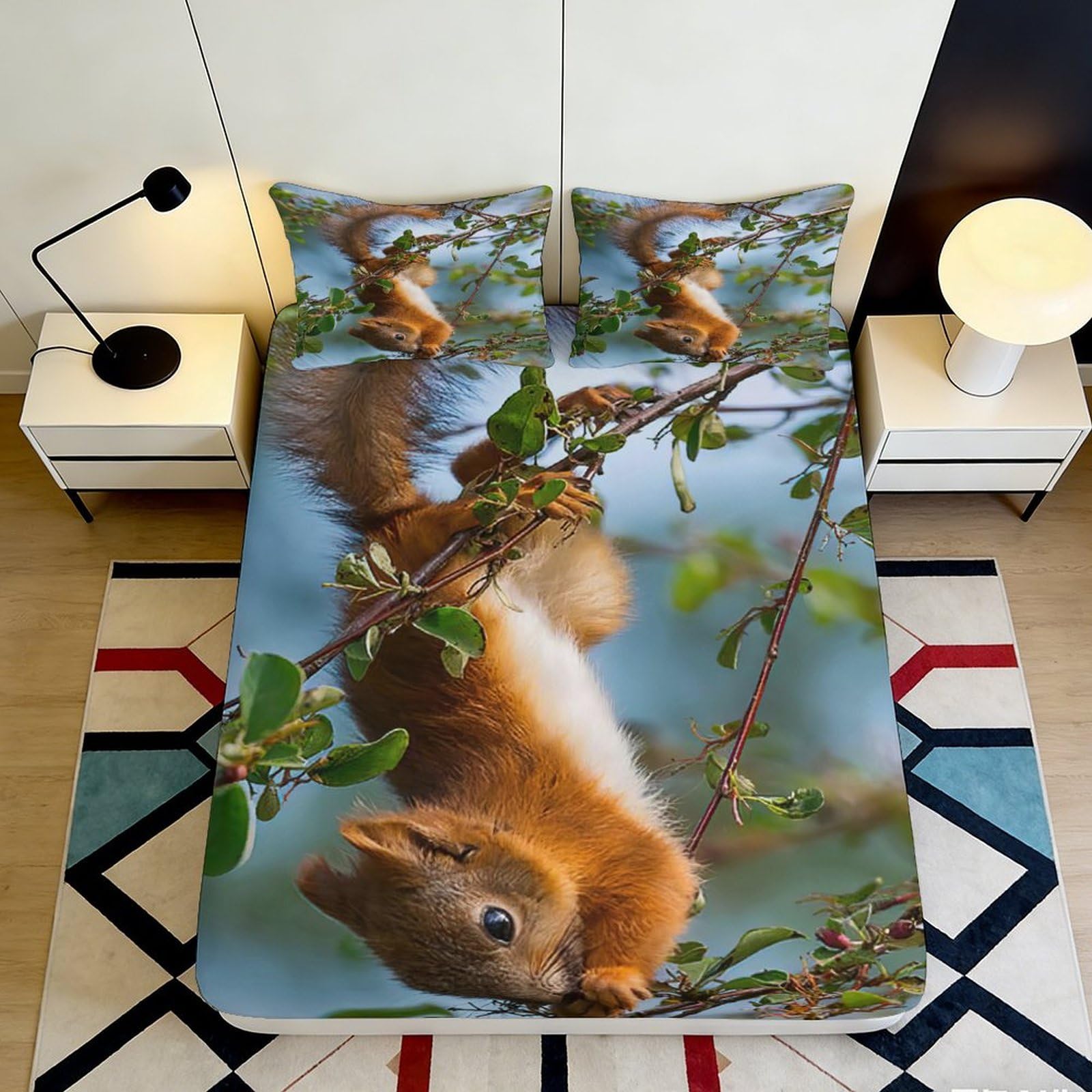 3D Printed Squirrel Branch Fitted Sheet Microfiber Anti-Slip Bedroom Decor Animal Mattress Cover for Home Guest Room 90x200x25cm
