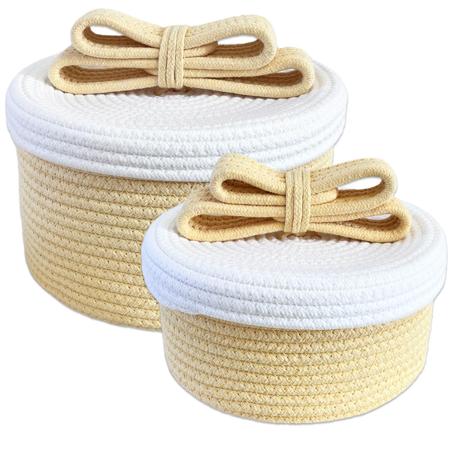 Cute Storage Baskets with Lids, Small Round Woven Rope Basket with Lid, Small Toy Box for Kids or Cat, Cute Basket for Gift, Decorative Basket with Chic Bow Handle, yellow